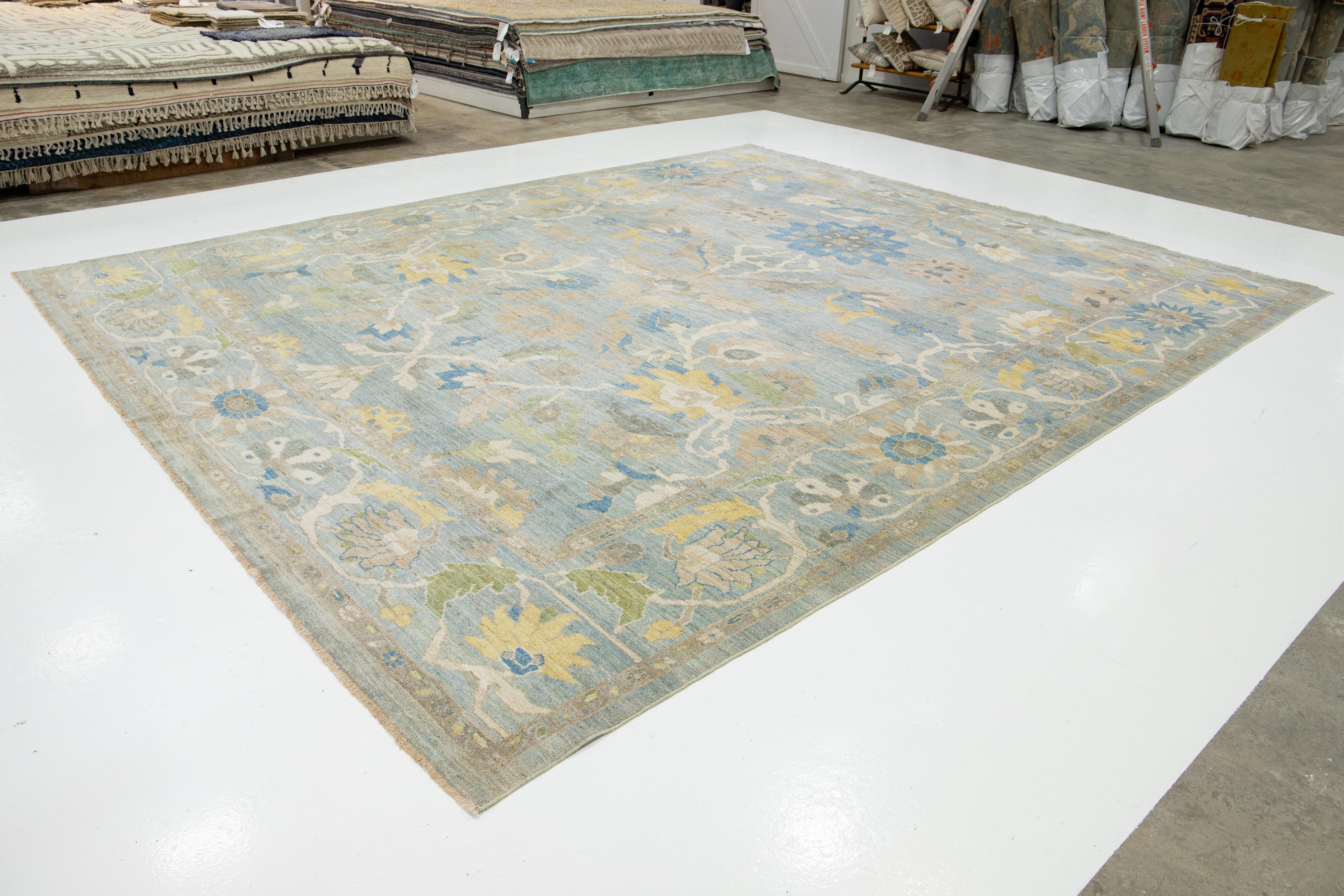 Pakistani 13 x 15 Light Blue Contemporary Sultanabad Floral Wool Rug By Apadana For Sale