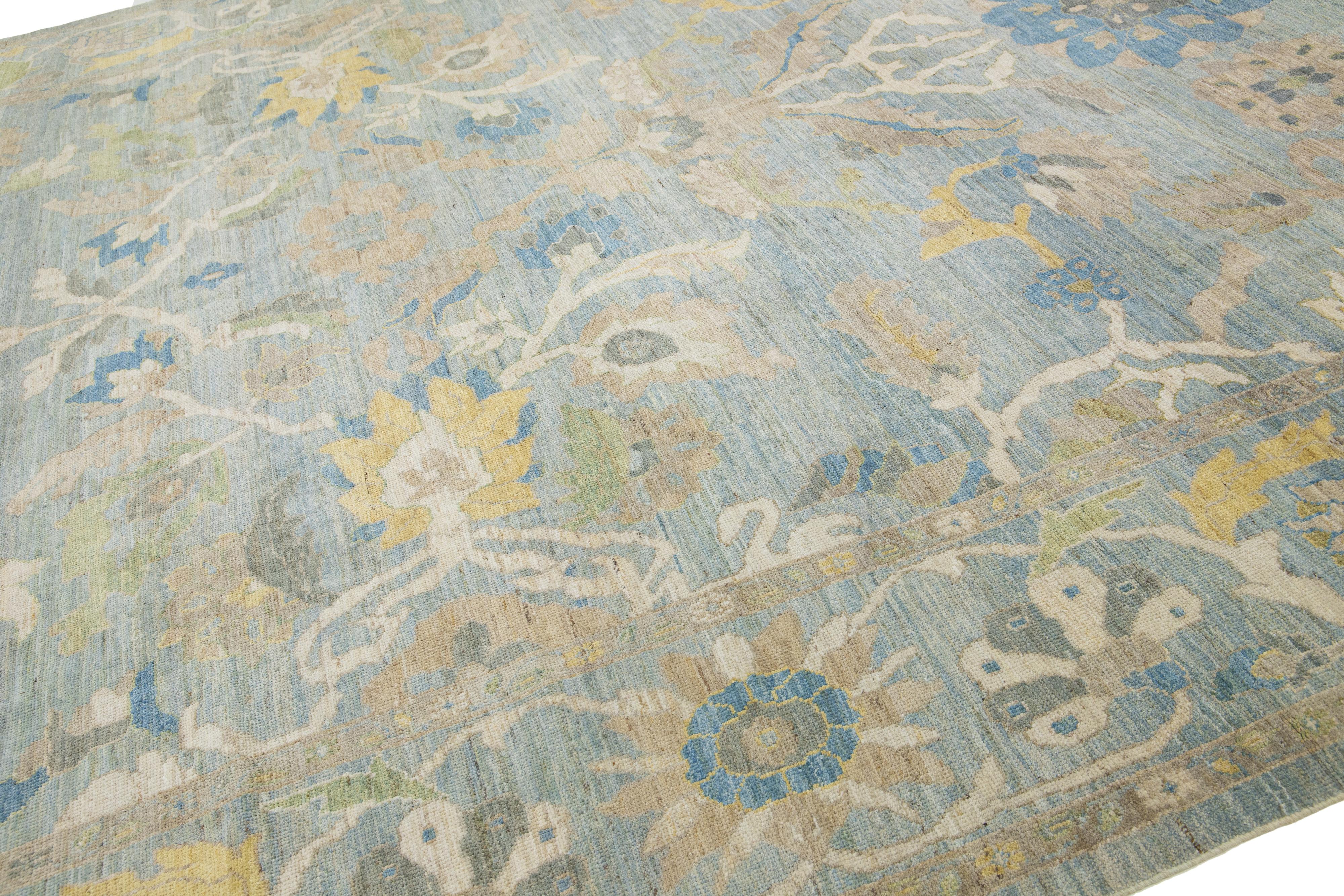 Hand-Knotted 13 x 15 Light Blue Contemporary Sultanabad Floral Wool Rug By Apadana For Sale