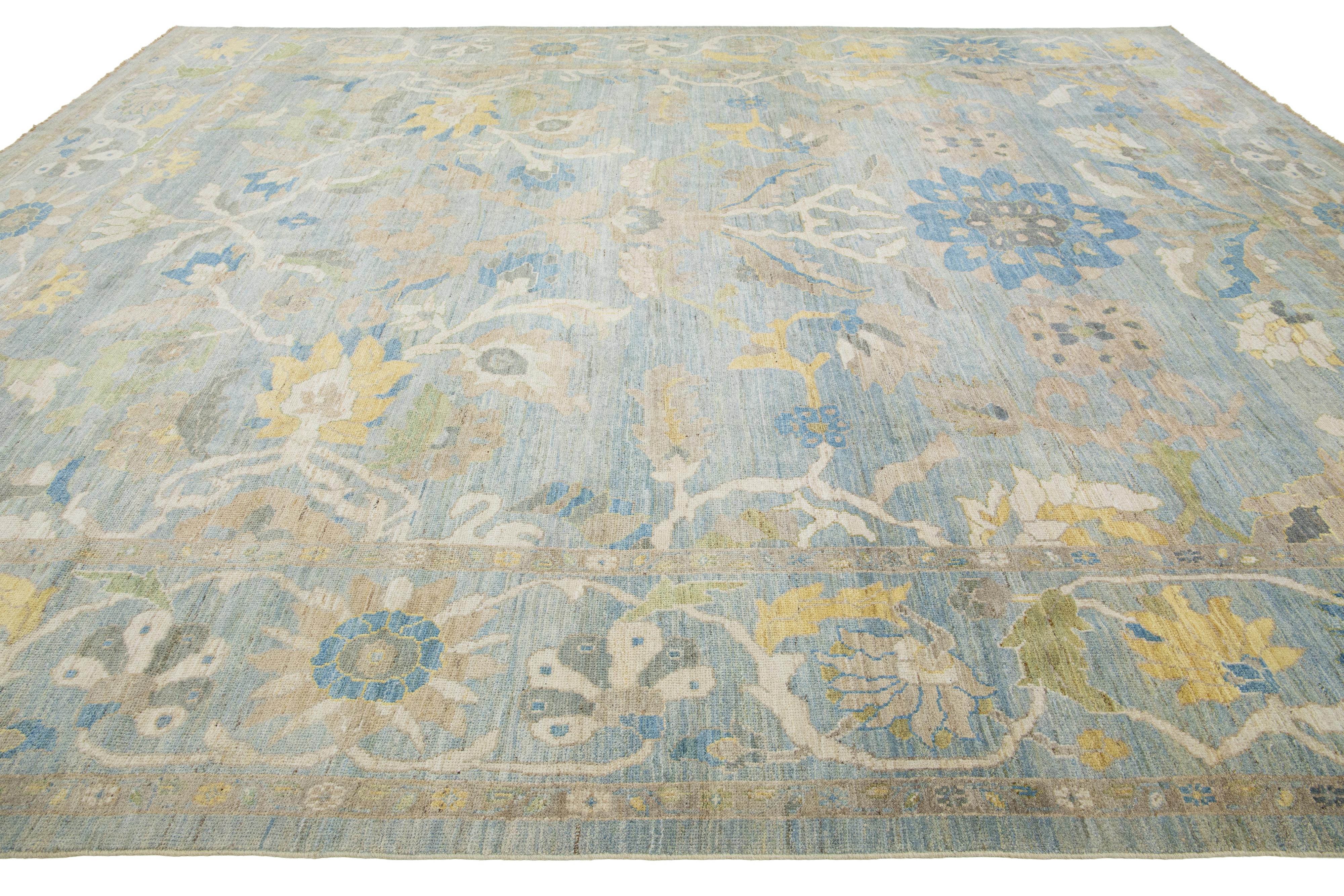 13 x 15 Light Blue Contemporary Sultanabad Floral Wool Rug By Apadana In New Condition For Sale In Norwalk, CT