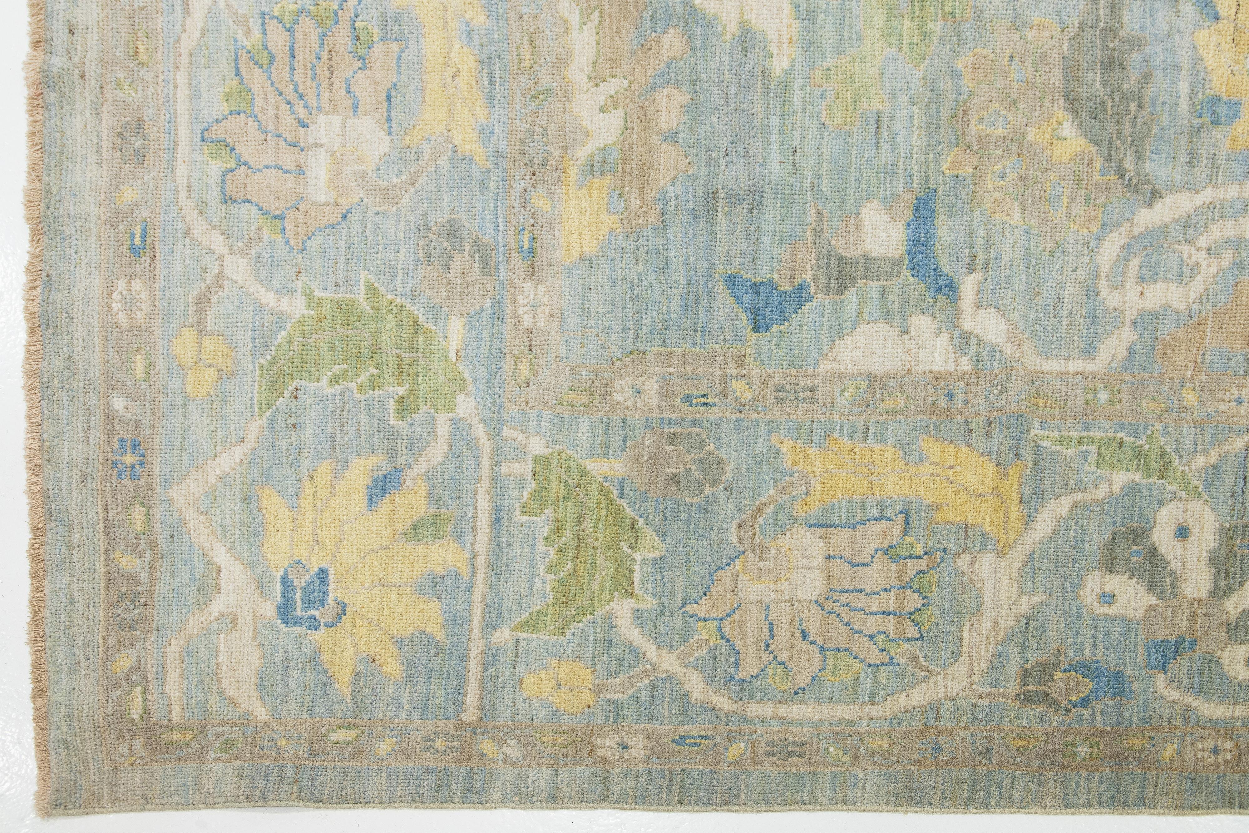 13 x 15 Light Blue Contemporary Sultanabad Floral Wool Rug By Apadana For Sale 1