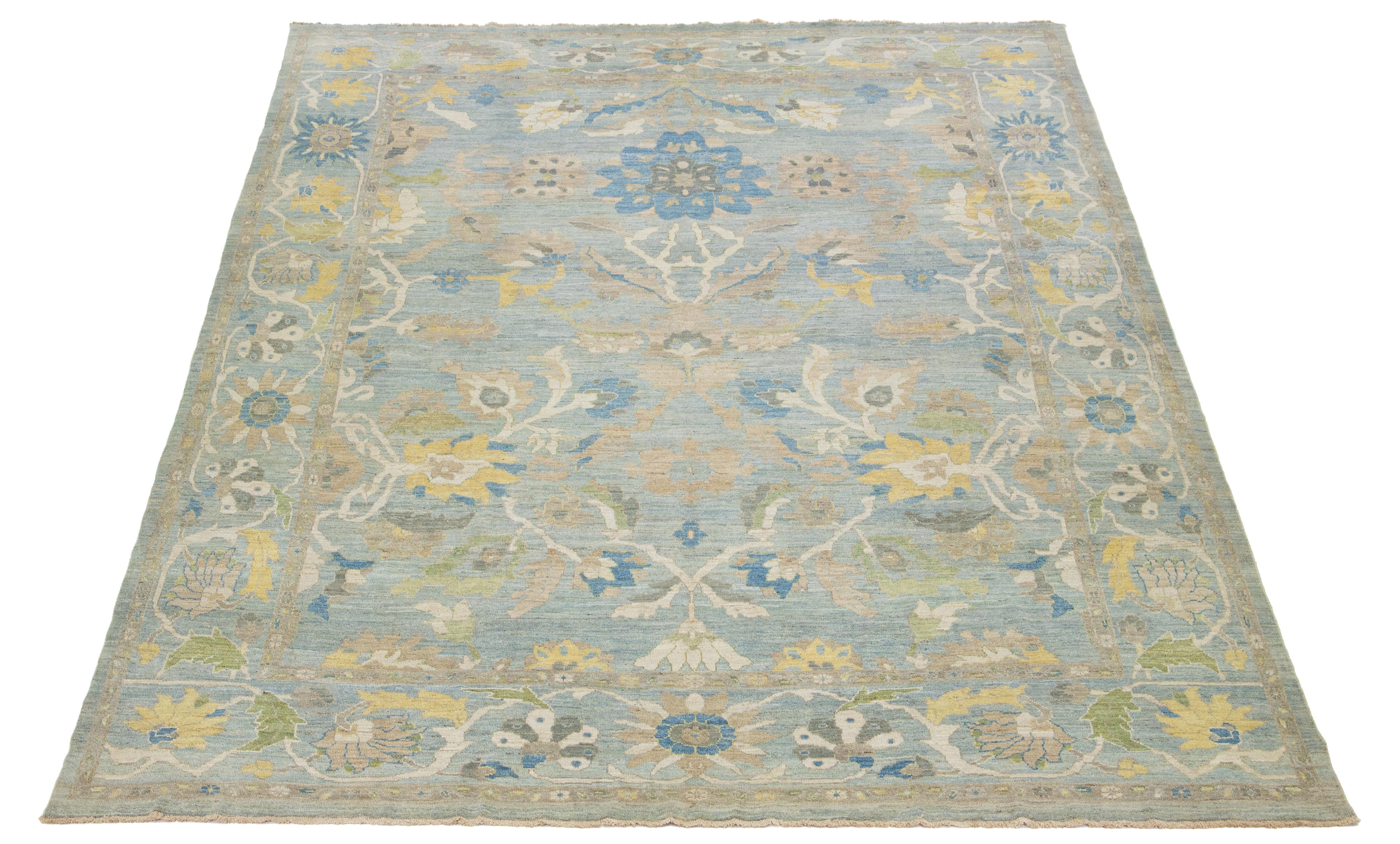 13 x 15 Light Blue Contemporary Sultanabad Floral Wool Rug By Apadana For Sale 2