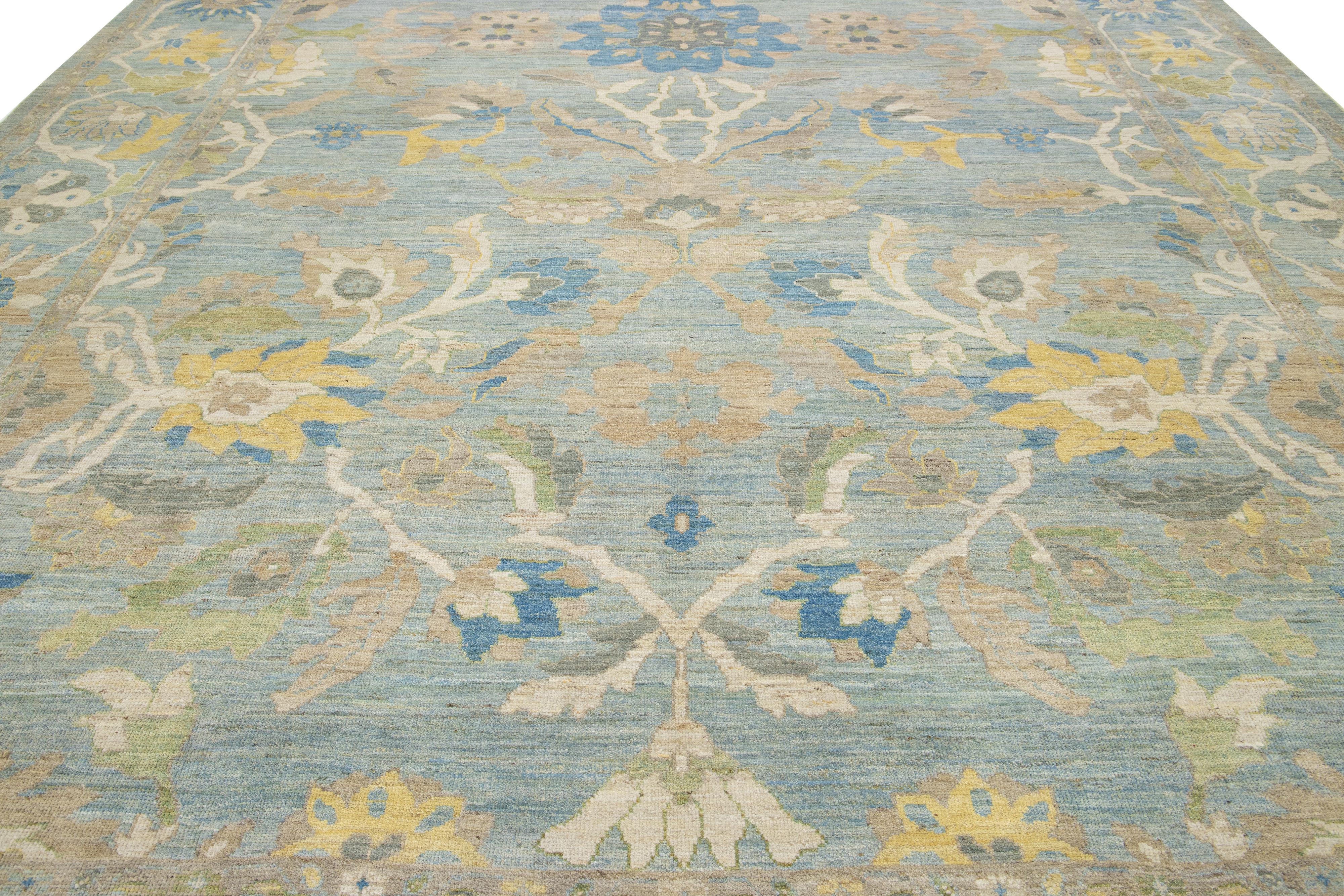 13 x 15 Light Blue Contemporary Sultanabad Floral Wool Rug By Apadana For Sale 3