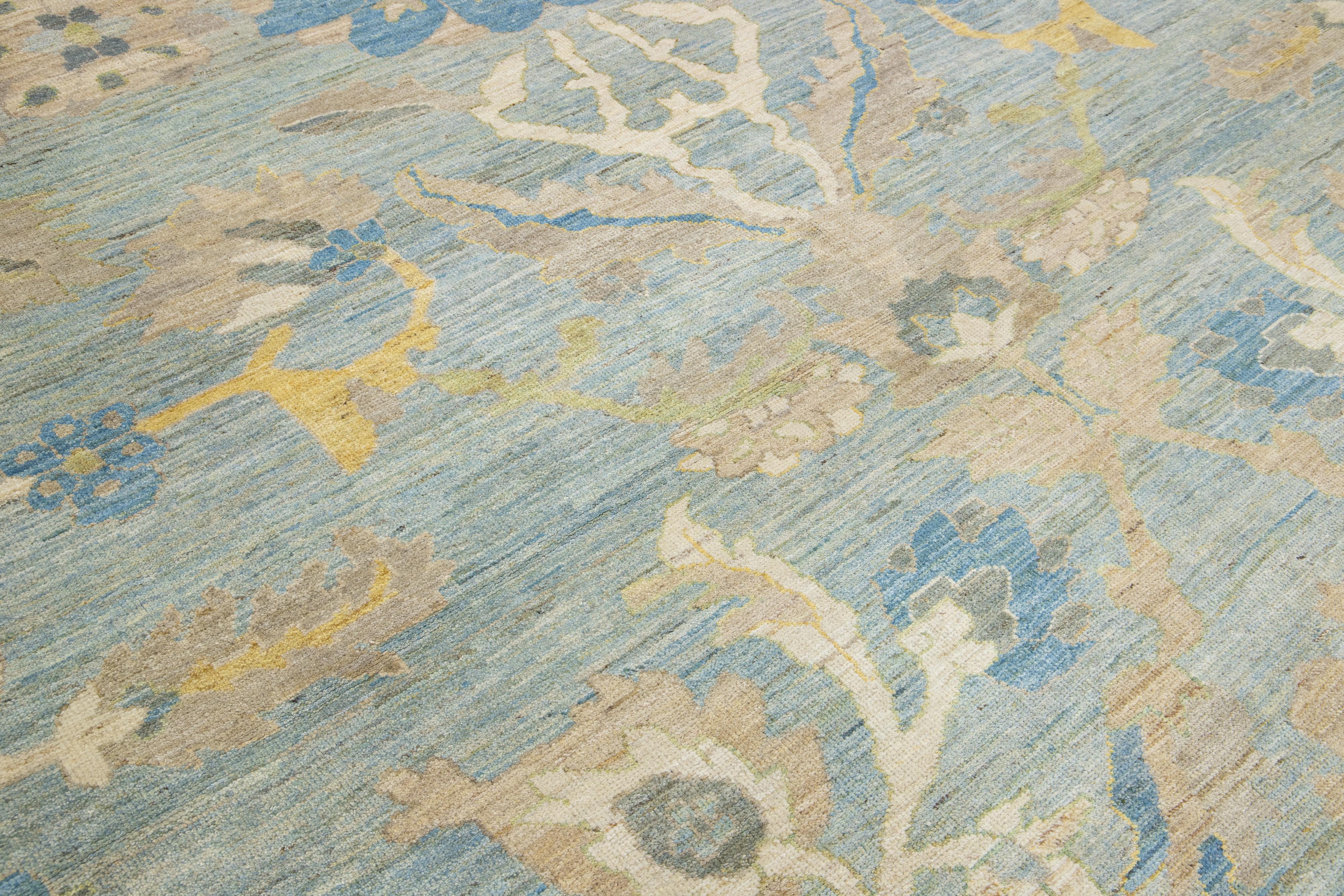 13 x 15 Light Blue Contemporary Sultanabad Floral Wool Rug By Apadana For Sale 4