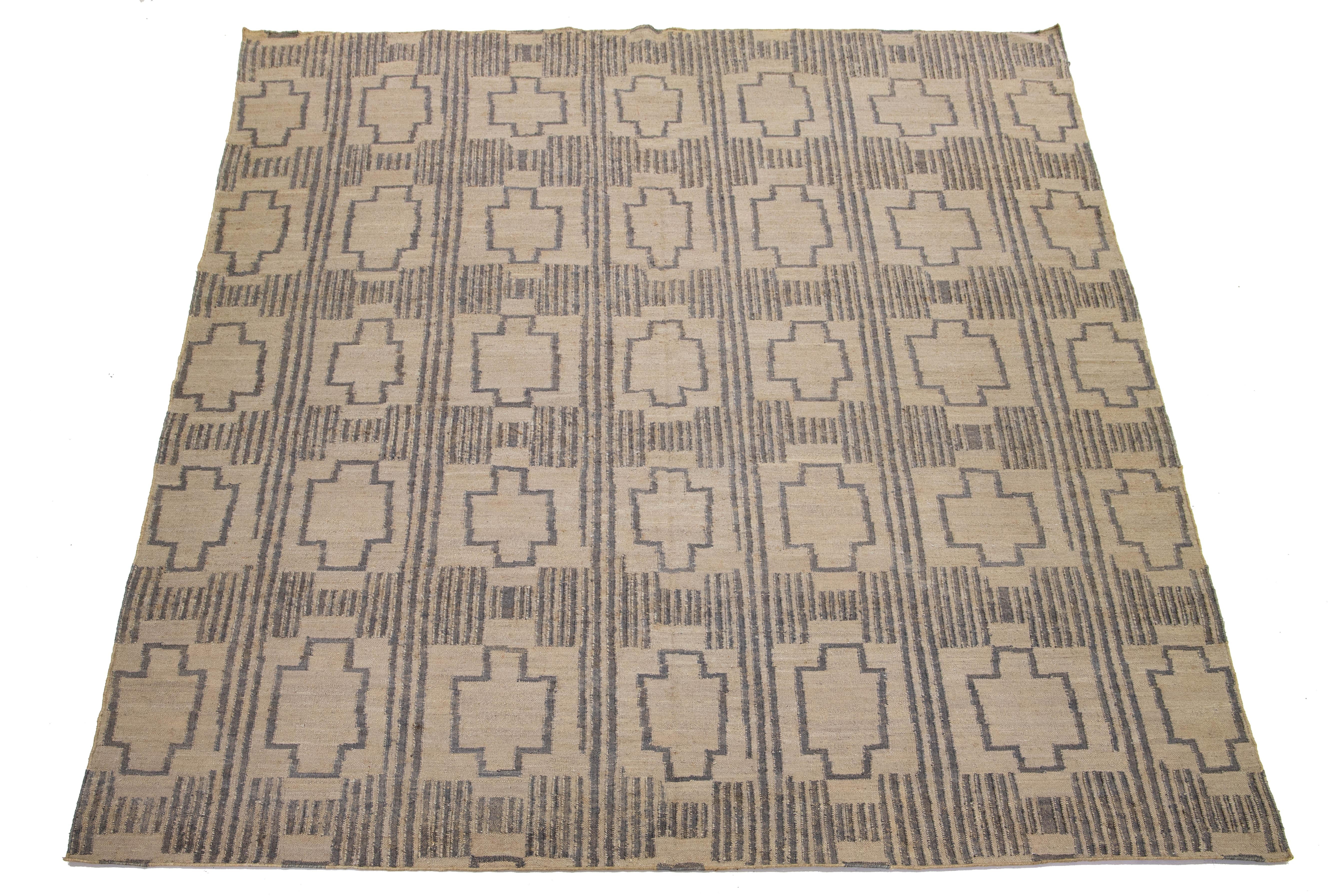 Contemporary 13 x 15 Modern Dhurrie Designed Natural Jute Rug For Sale