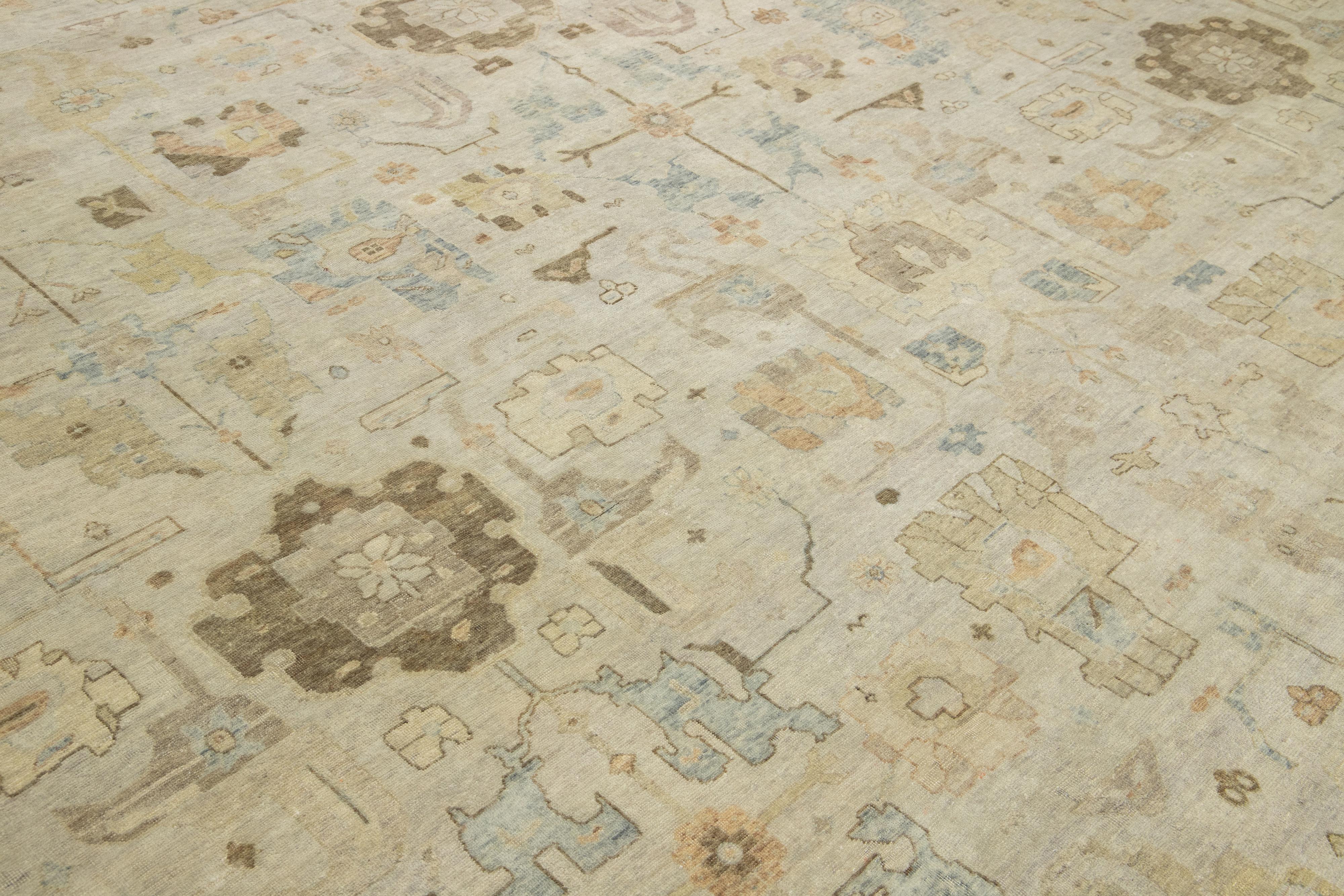 13 x 17 Modern Artisan Collection Beige Indian Wool Rug with Floral Design For Sale 5