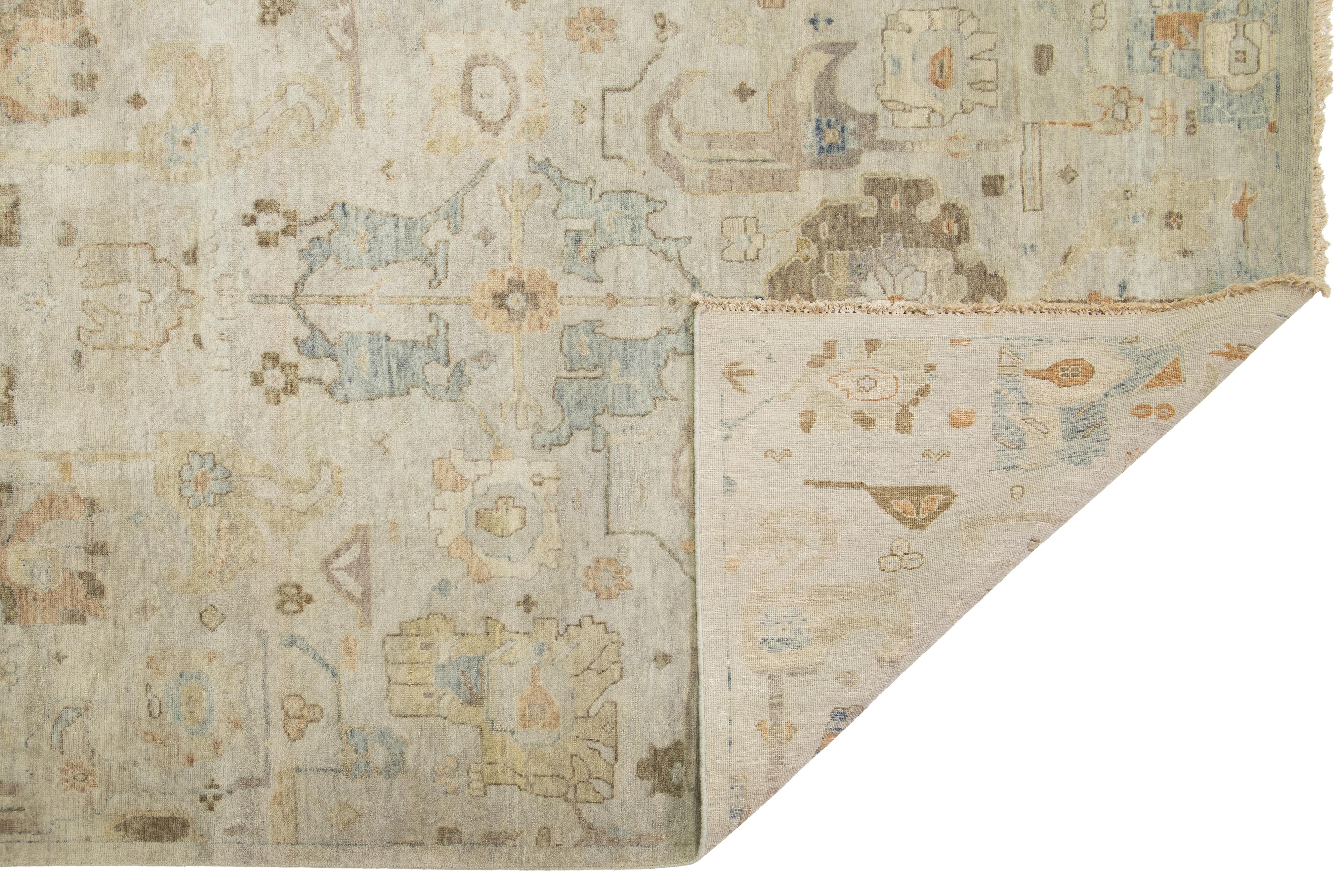 Contemporary 13 x 17 Modern Artisan Collection Beige Indian Wool Rug with Floral Design For Sale