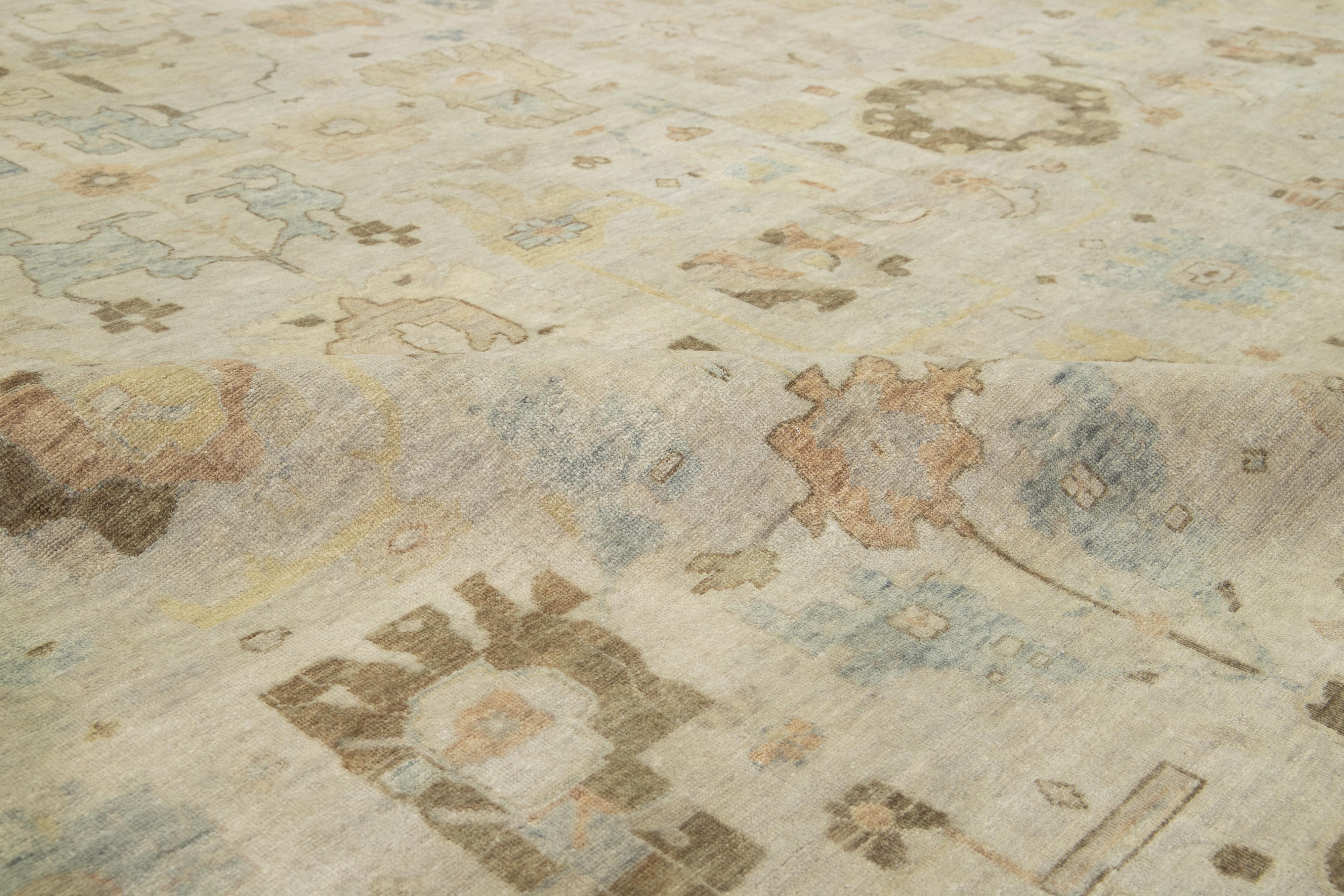 13 x 17 Modern Artisan Collection Beige Indian Wool Rug with Floral Design For Sale 1