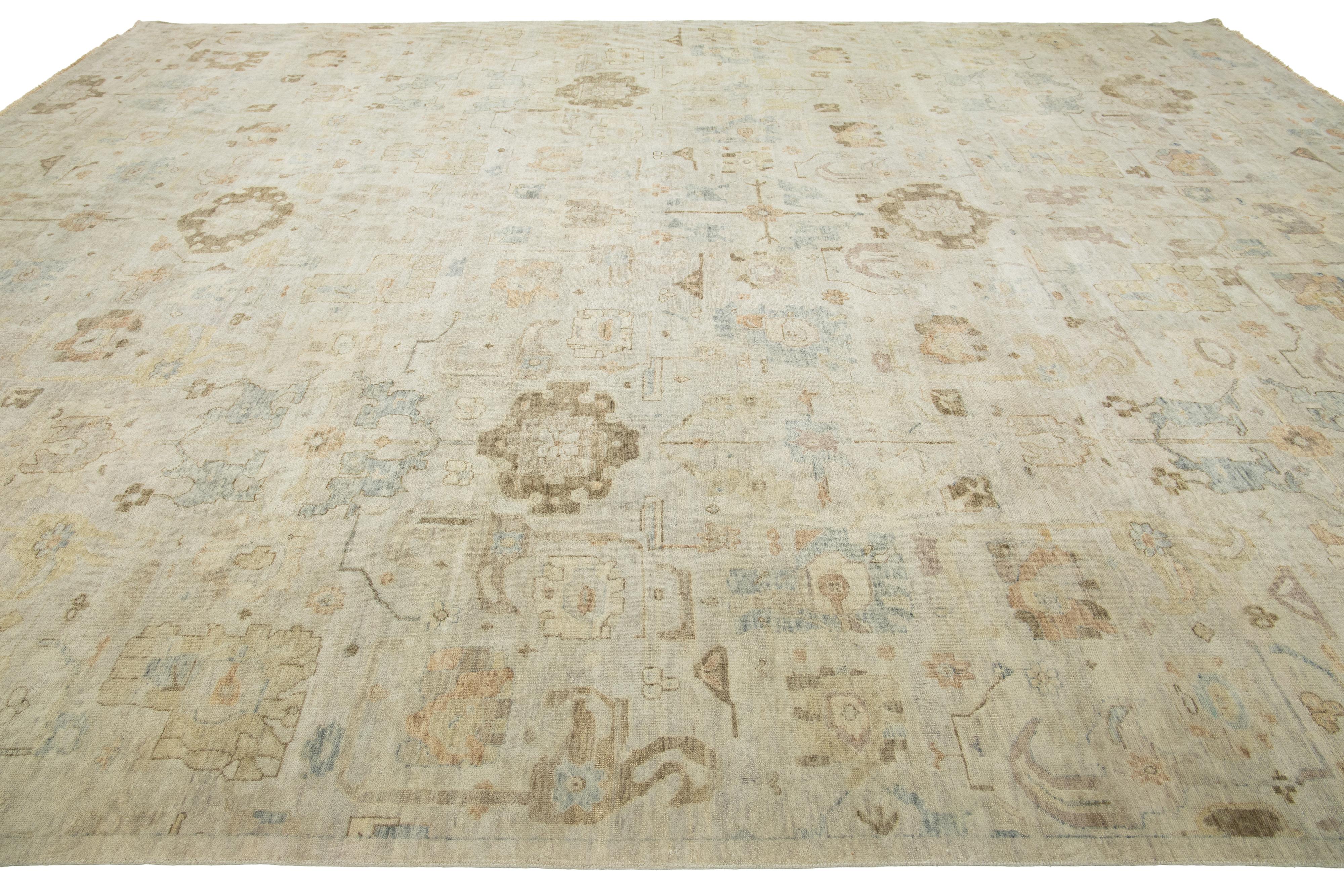 13 x 17 Modern Artisan Collection Beige Indian Wool Rug with Floral Design For Sale 3