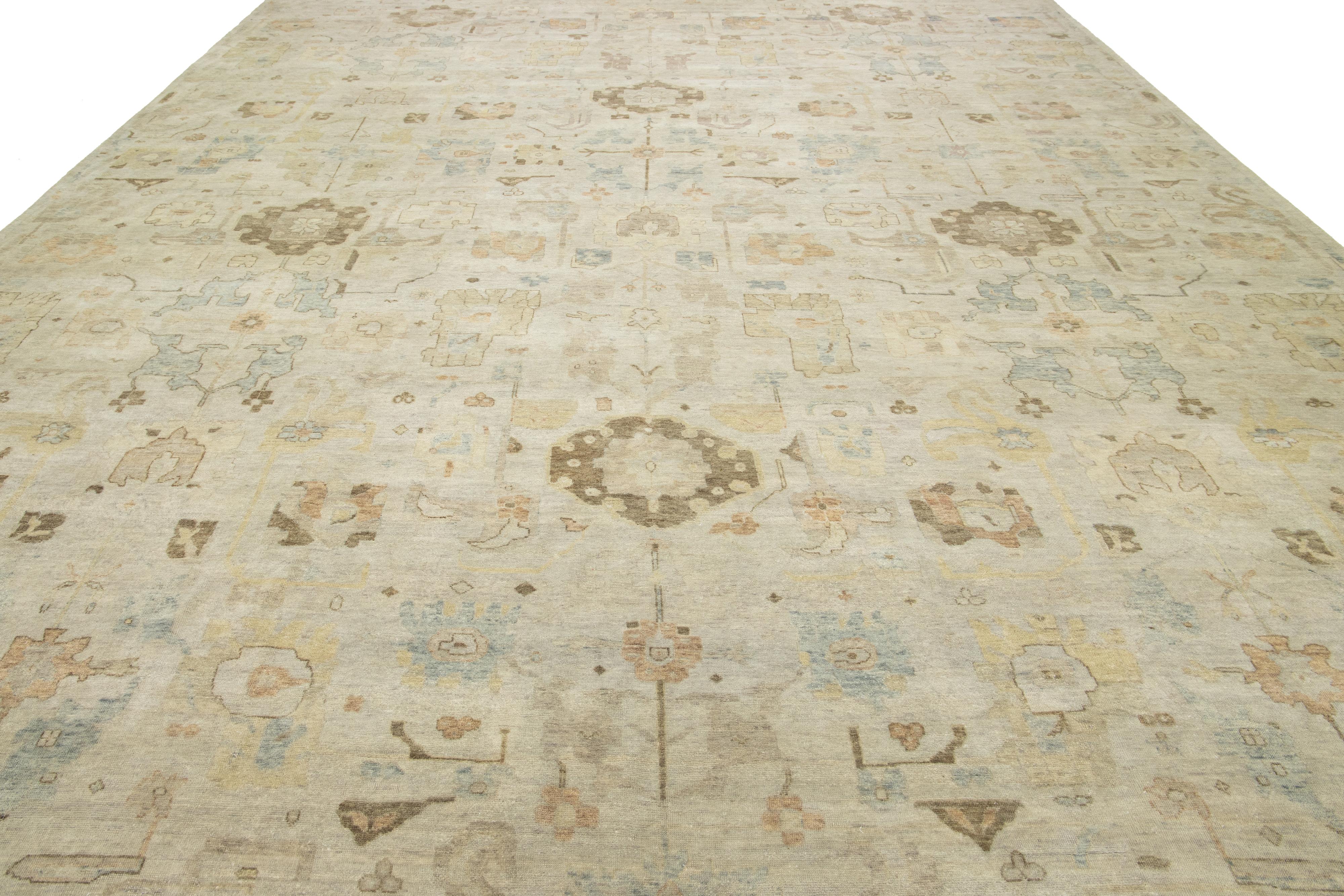 13 x 17 Modern Artisan Collection Beige Indian Wool Rug with Floral Design For Sale 4