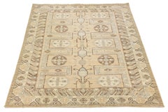 13 x 18 Modern Khotan Style Handmade Beige Wool Rug with Geometric Pattern