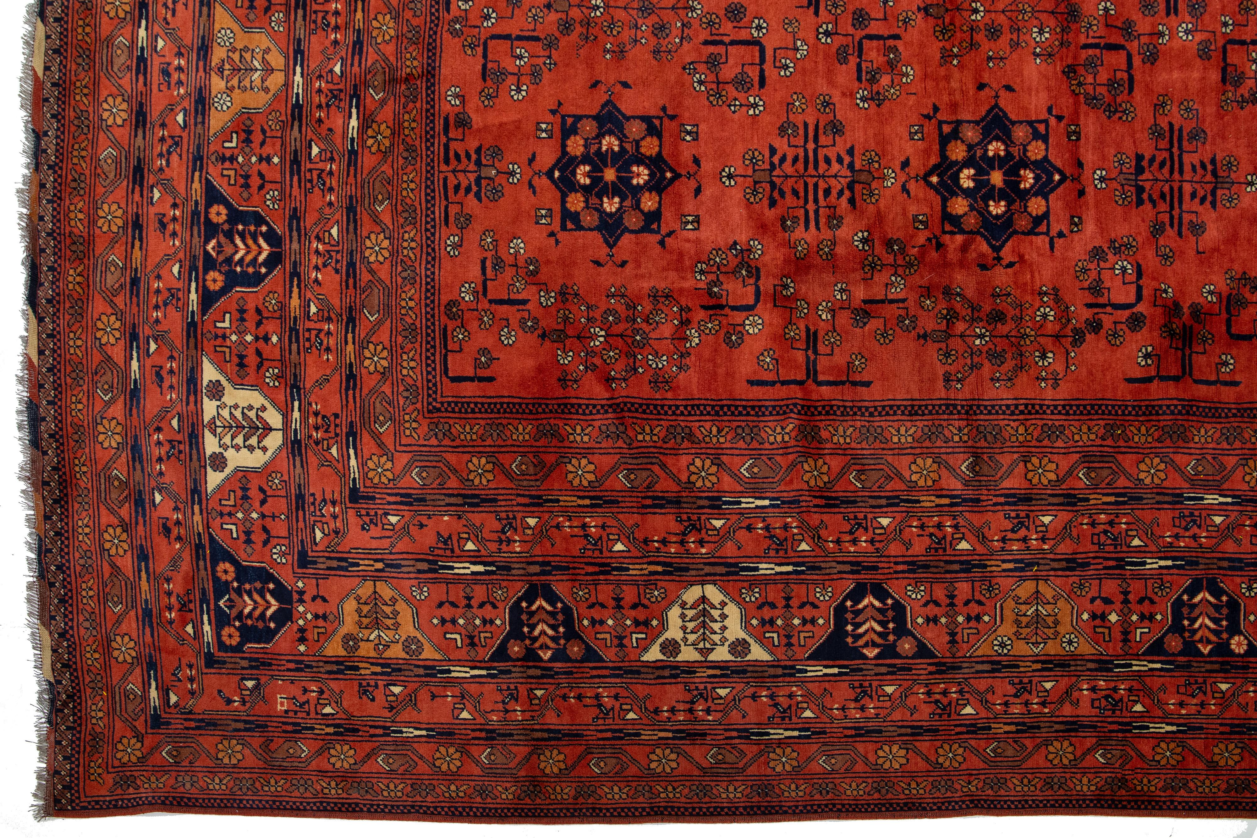 13 x 19 Vintage Handgeknüpfter afghanischer Wollteppich aus roter Afghanischer Wolle in Rot mit Blumenmotiv im Angebot 2