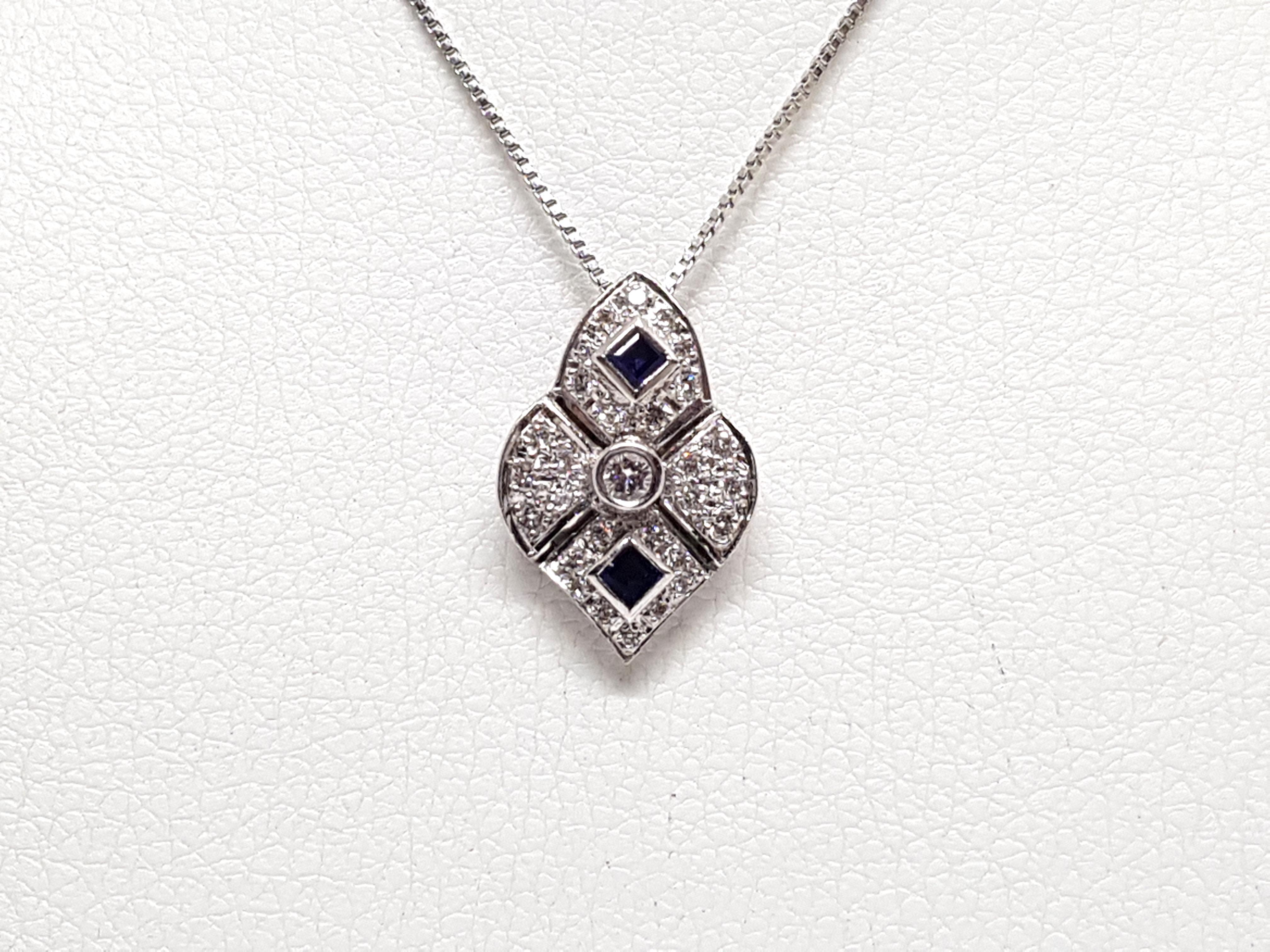 Round Cut 1.30 Carat Antique White Gold Necklace Diamond Sapphire Pendant