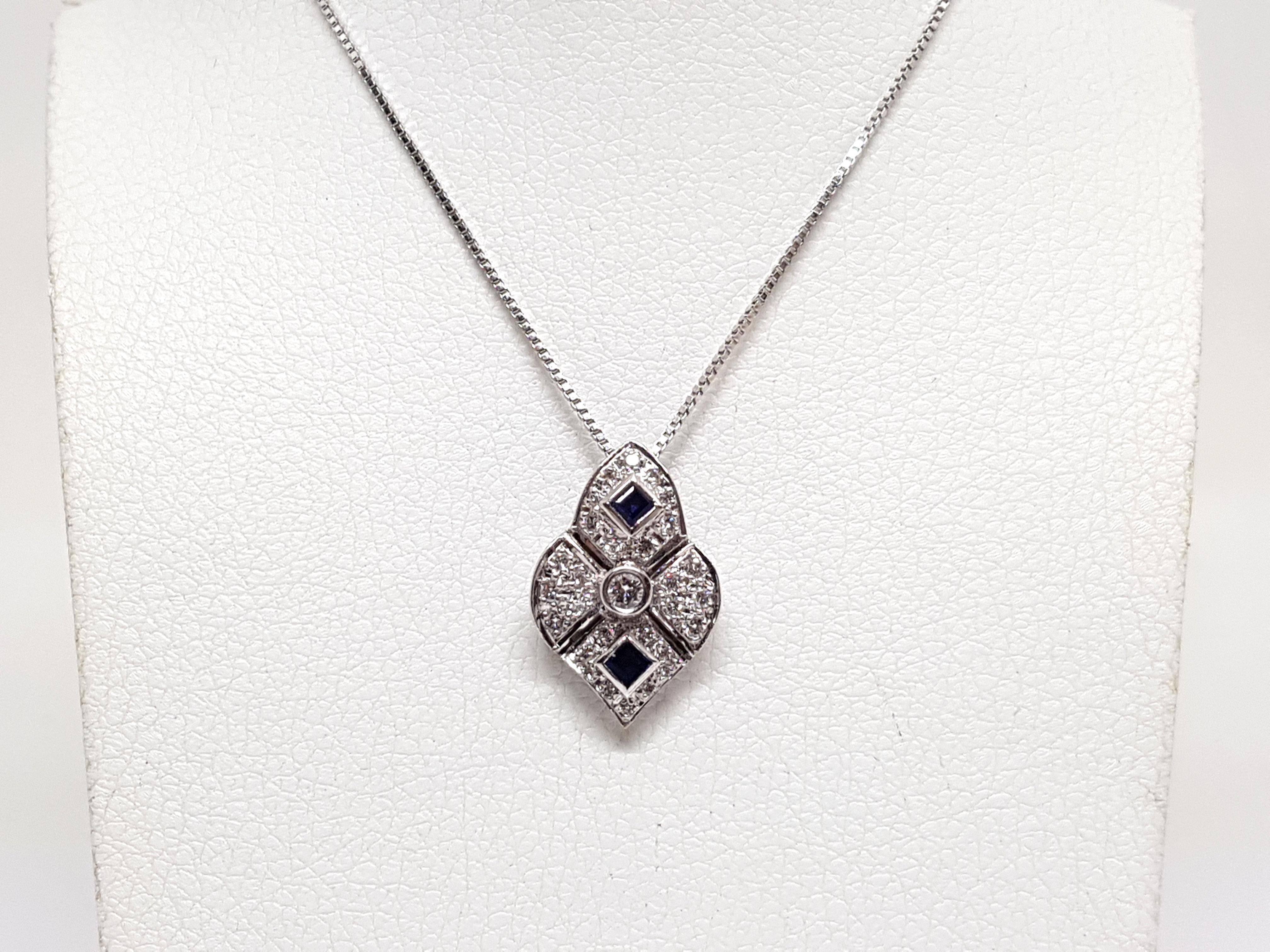 1.30 Carat Antique White Gold Necklace Diamond Sapphire Pendant In New Condition In Antwerp, BE