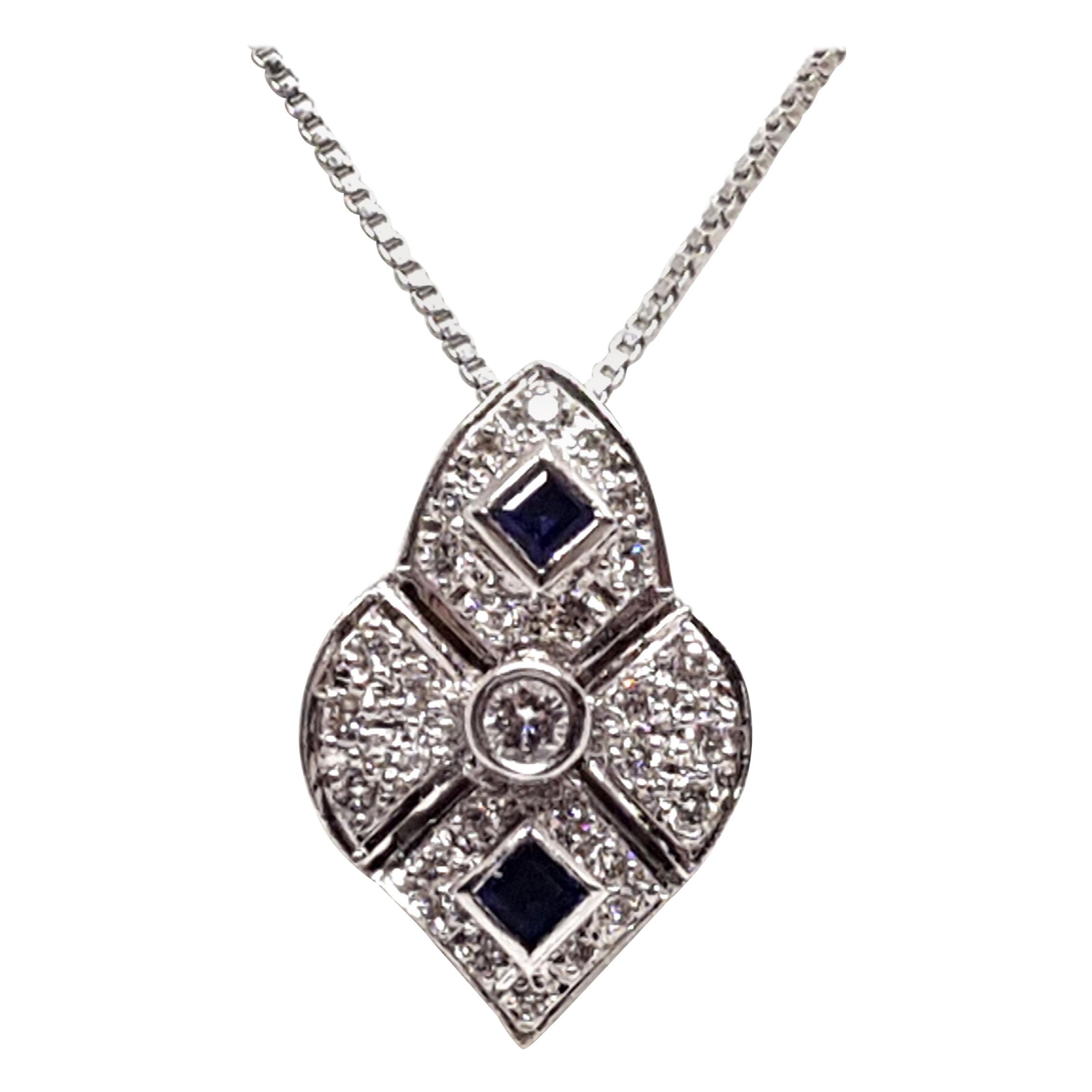 1.30 Carat Antique White Gold Necklace Diamond Sapphire Pendant