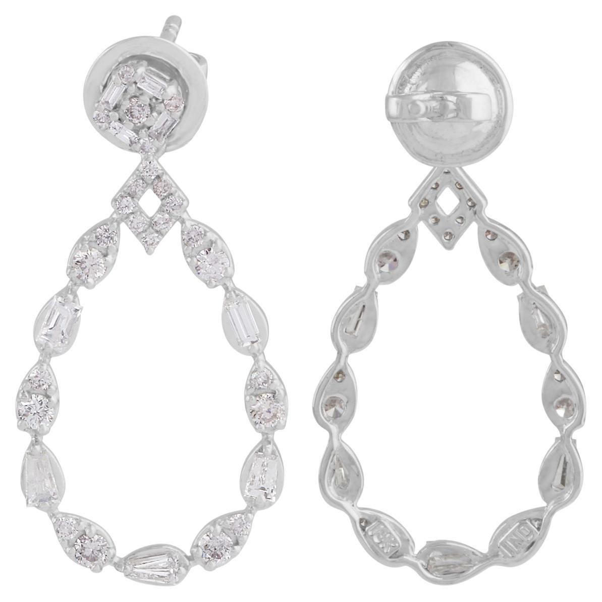 1.30 Carat Baguette Diamond Dangle Earrings 18 Karat White Gold Handmade Jewelry For Sale