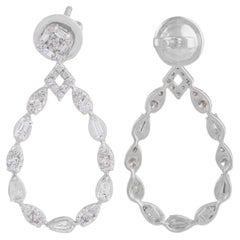 1.30 Carat Baguette Diamond Dangle Earrings 18 Karat White Gold Handmade Jewelry