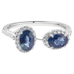 1.30 Carat Blue Sapphire 0.29 Carat SI/H Diamond Cuff Ring 18 Karat White Gold