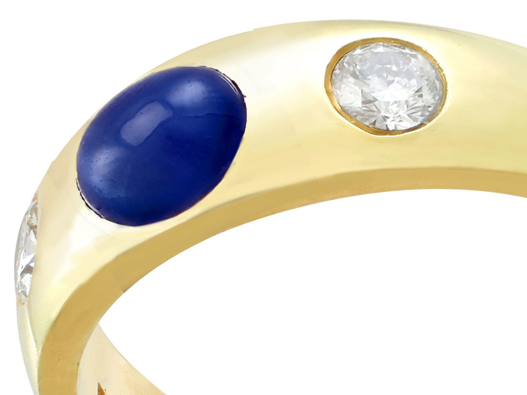 Round Cut 1.30 Carat Blue Sapphire and Diamond Yellow Gold Three-Stone Ring For Sale