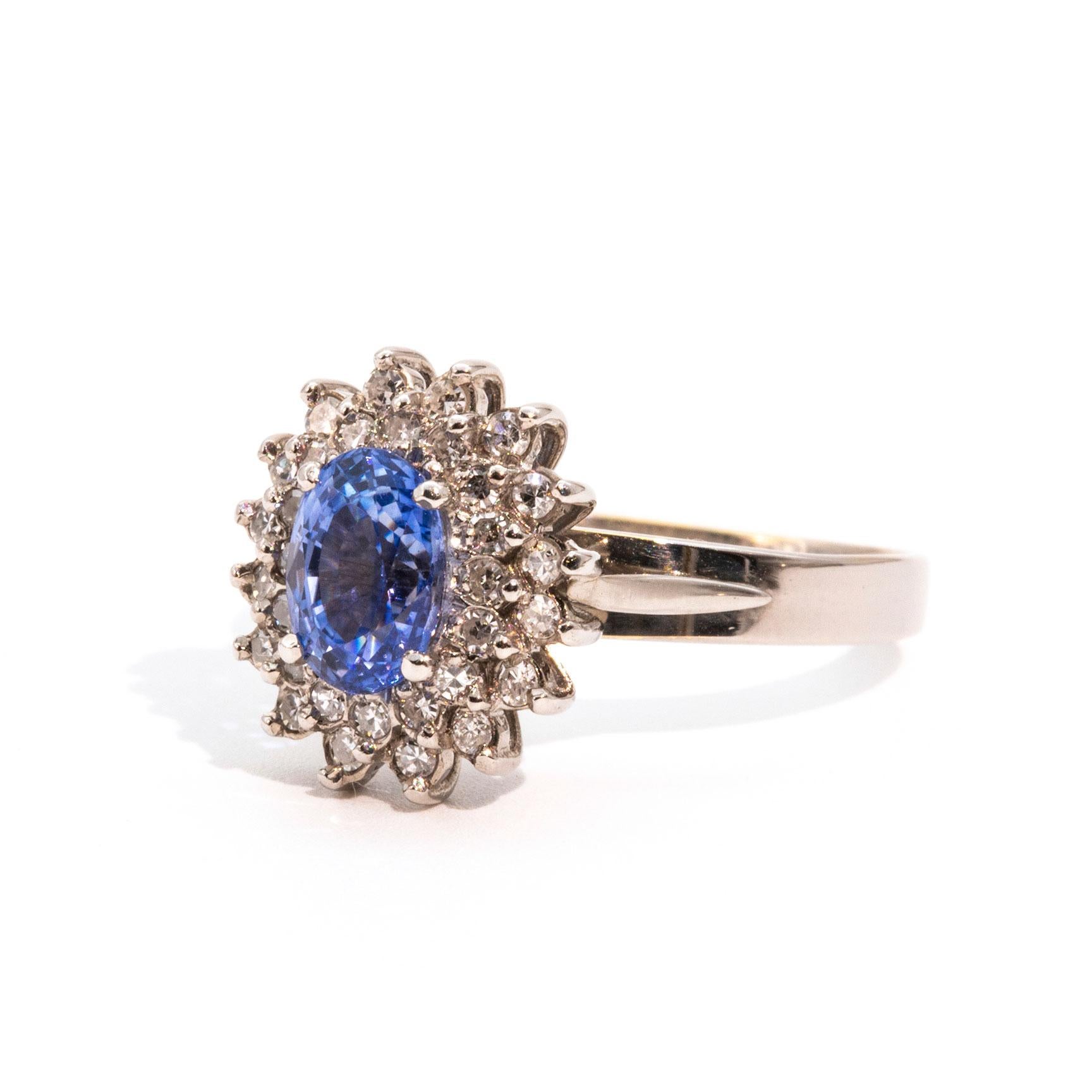 1.30 Carat Bright Blue Sapphire and Diamond 18 Carat White Gold Cluster Ring In Good Condition In Hamilton, AU