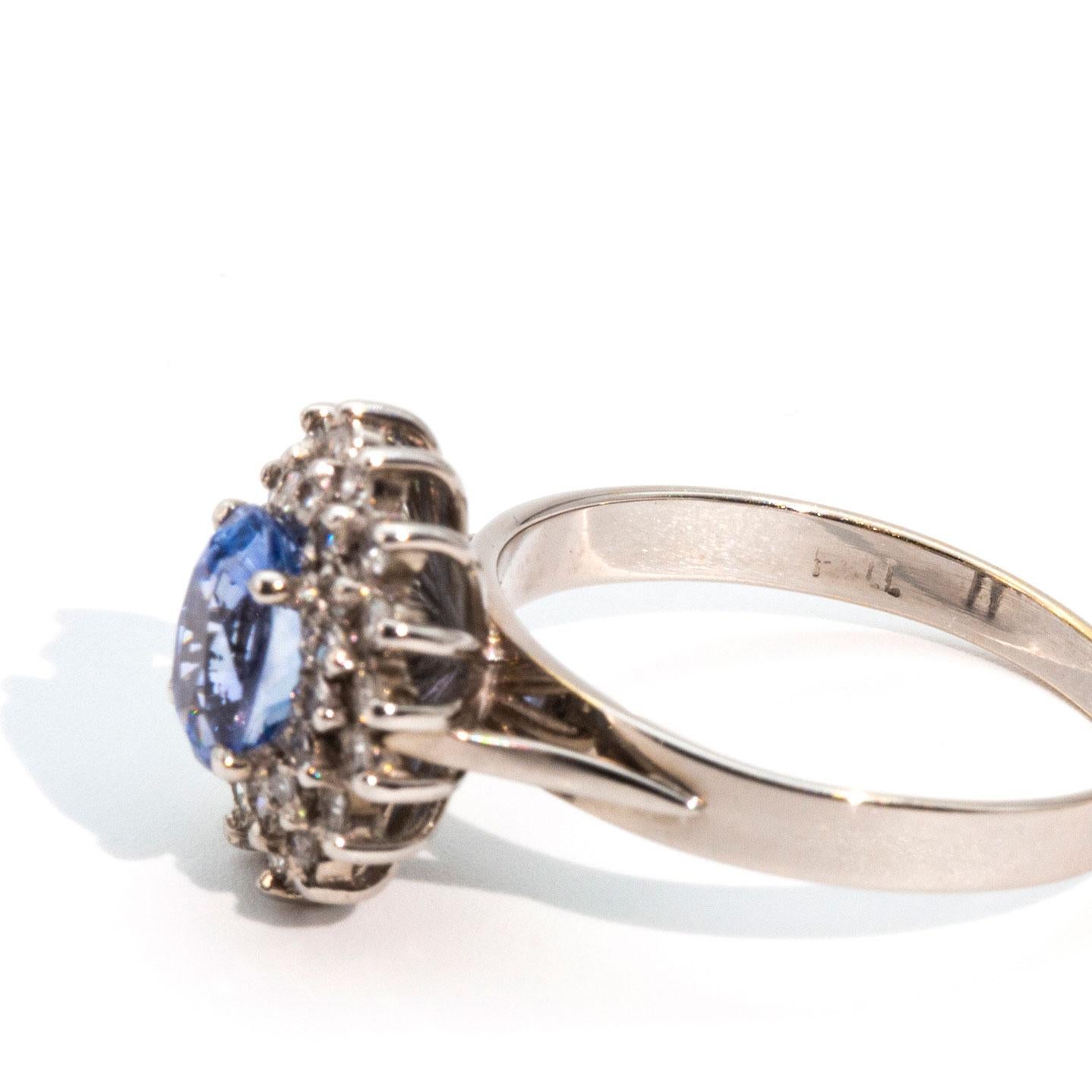 1.30 Carat Bright Blue Sapphire and Diamond 18 Carat White Gold Cluster Ring 2