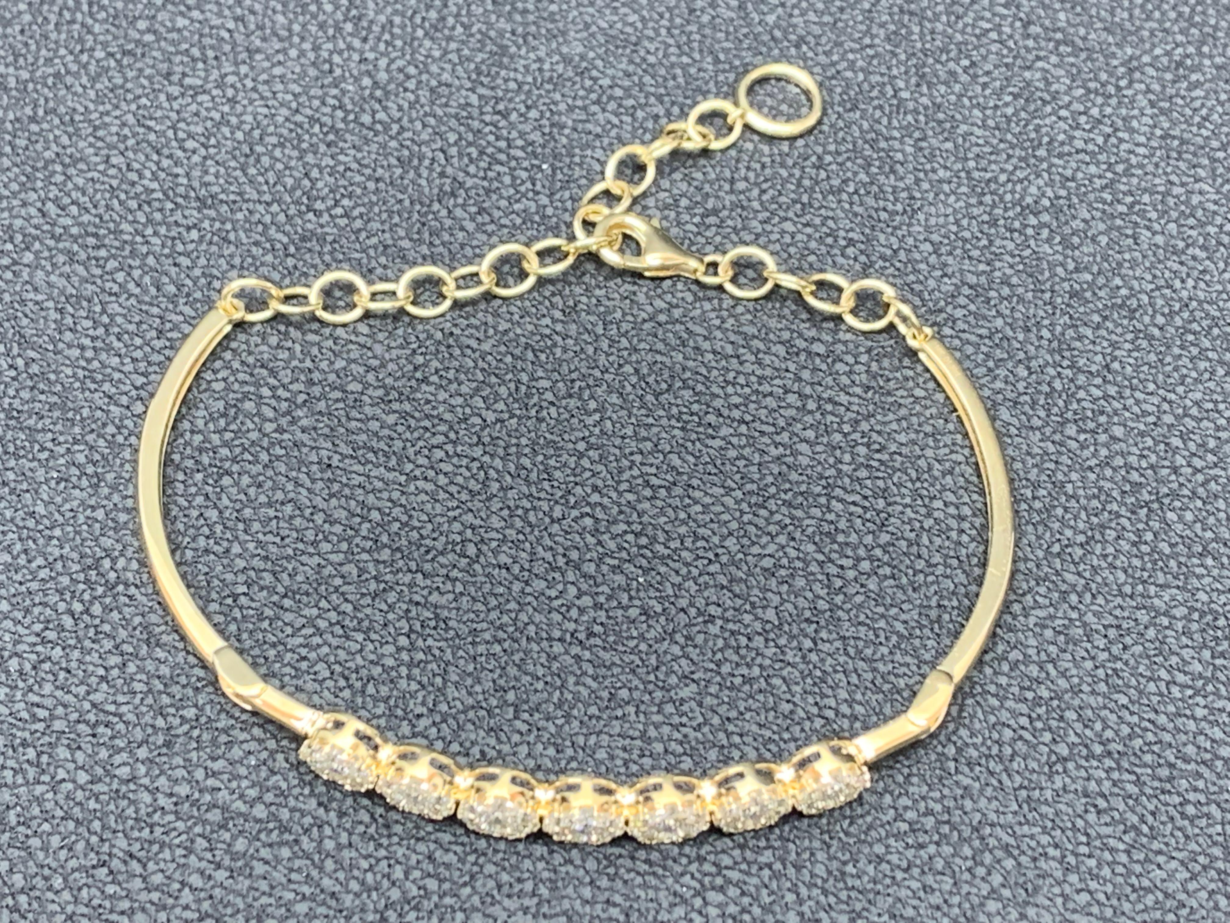 Women's 1.30 Carat Brilliant Cut Diamond 7 Flower Bangle Bracelet in 14K Yellow Gold For Sale