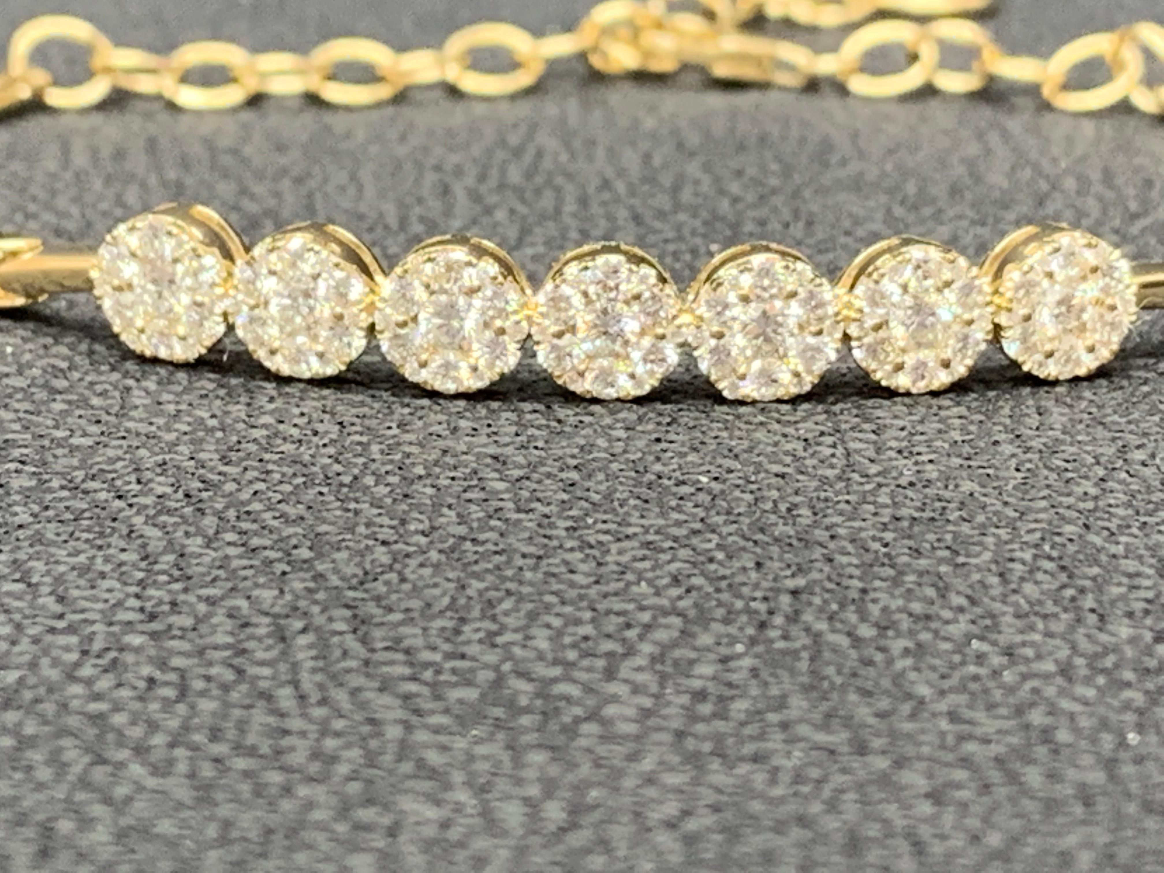 1.30 Carat Brilliant Cut Diamond 7 Flower Bangle Bracelet in 14K Yellow Gold For Sale 2