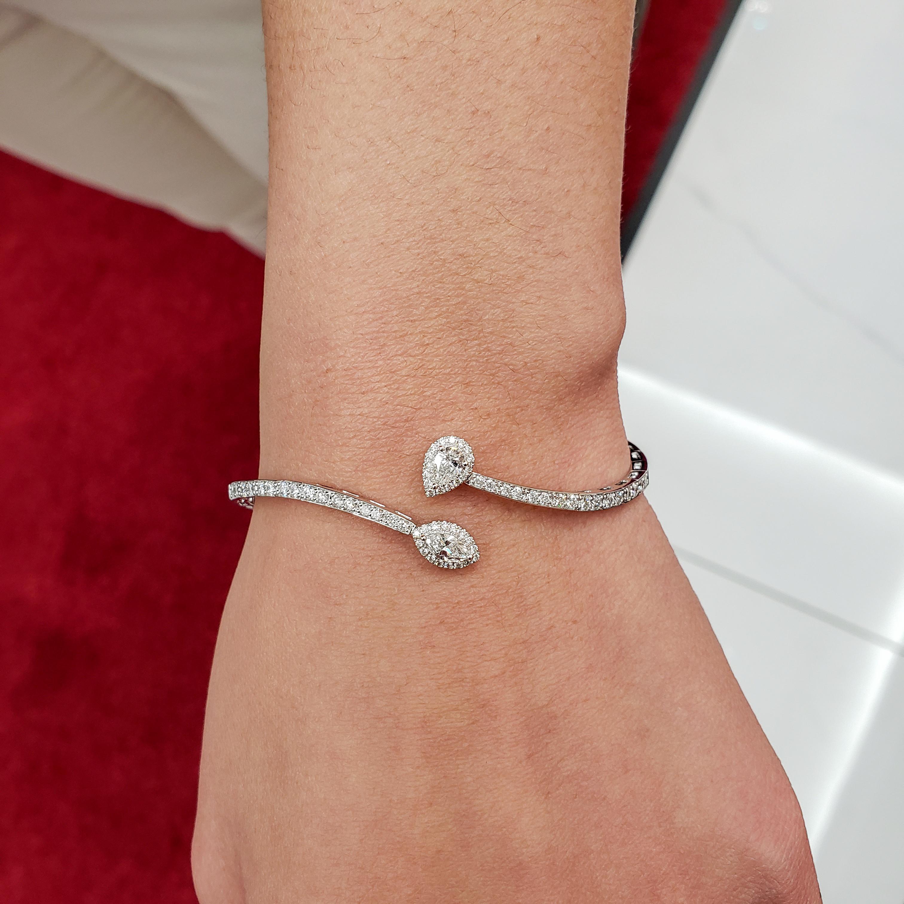 Pear Cut Roman Malakov 1.30 Carat Total Round Shape Diamond Halo Cuff  Bangle Bracelet