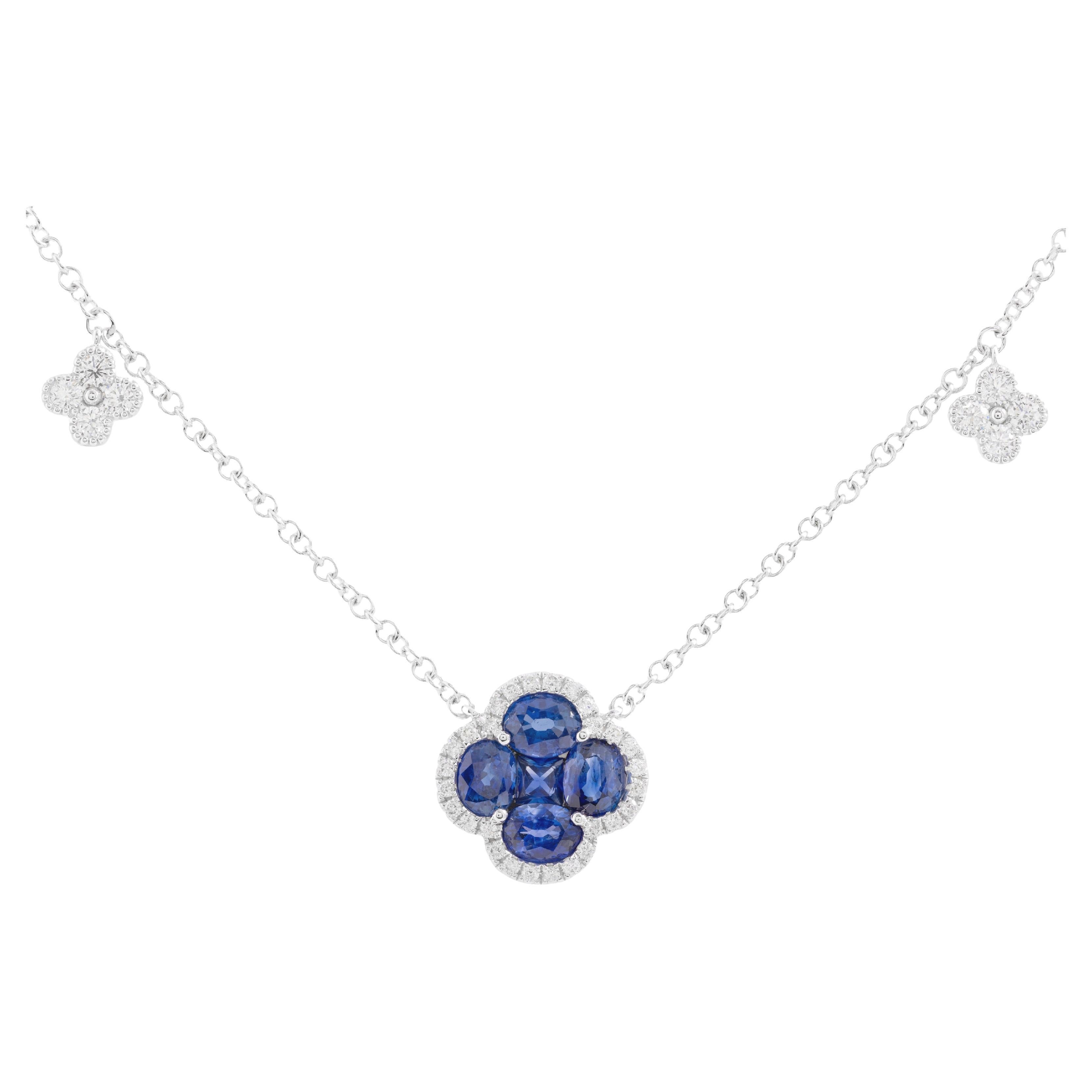 1.30 Carat Clover Mosaic Sapphire Necklace with 0.35 Ct Dia in 18k Gold ref1246 For Sale