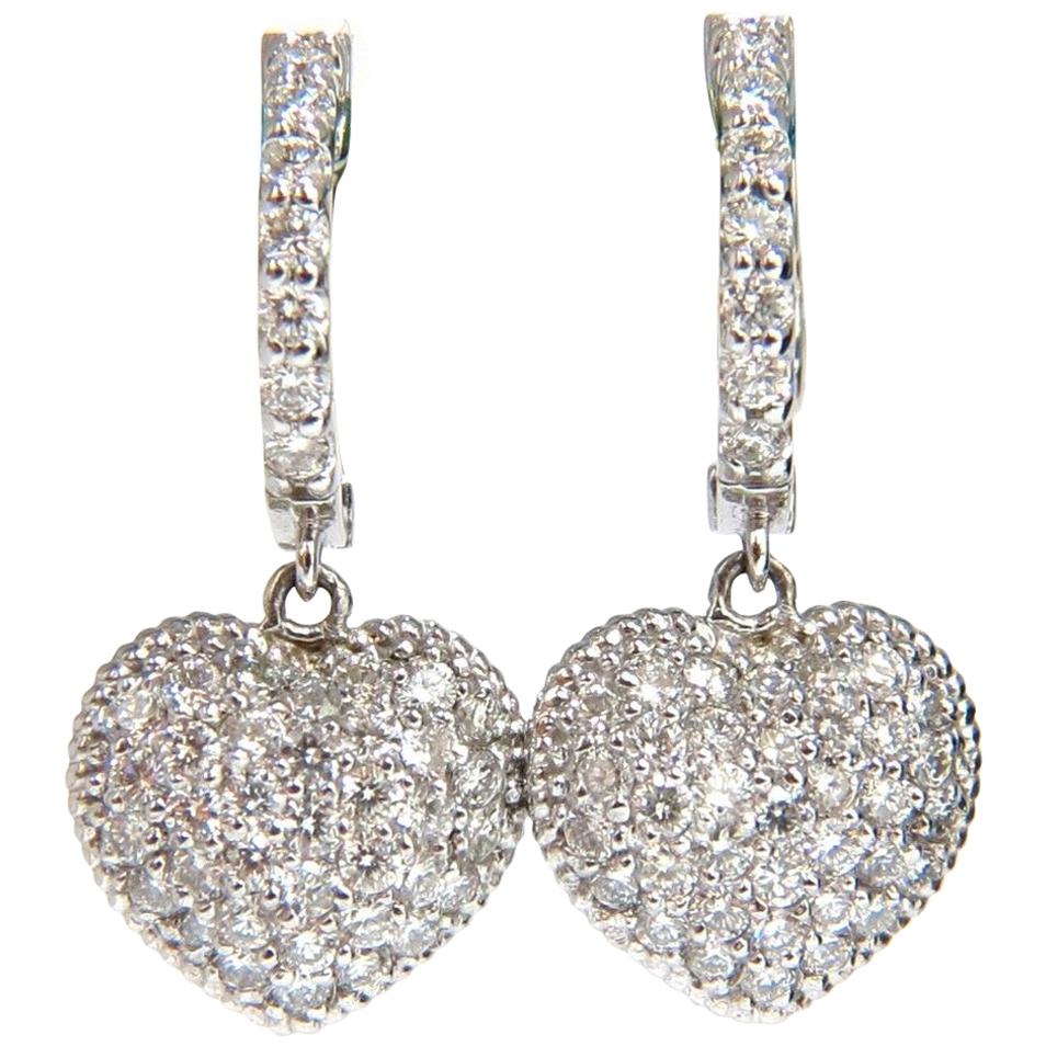 1.30 Carat Dangling Hearts on Hoop Diamonds Earrings 14 Karat g/vs Locking Lever For Sale