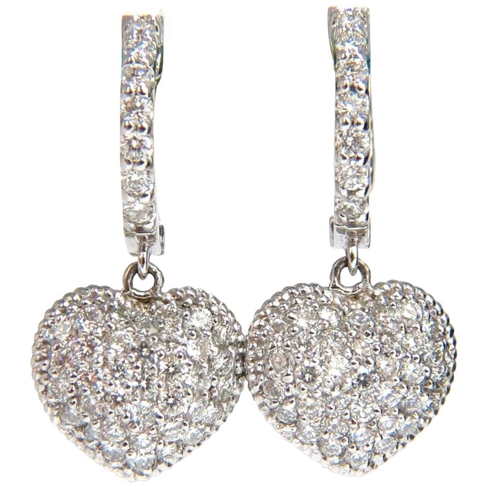 Orecchini di diamanti a cerchio con cuori pendenti da 1,30 carati 14 carati g/vs con chiusura a leva in vendita