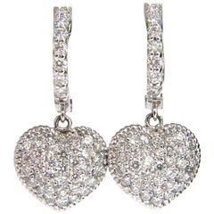 Boucles d'oreilles à levier de verrouillage en or 14 carats avec cœurs pendants et diamants de 1,30 carat