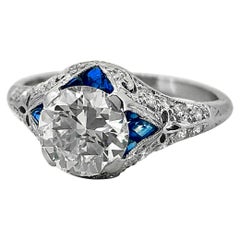 1.30 Carat Diamond and Sapphire Antique Engagement Ring Platinum Art Deco