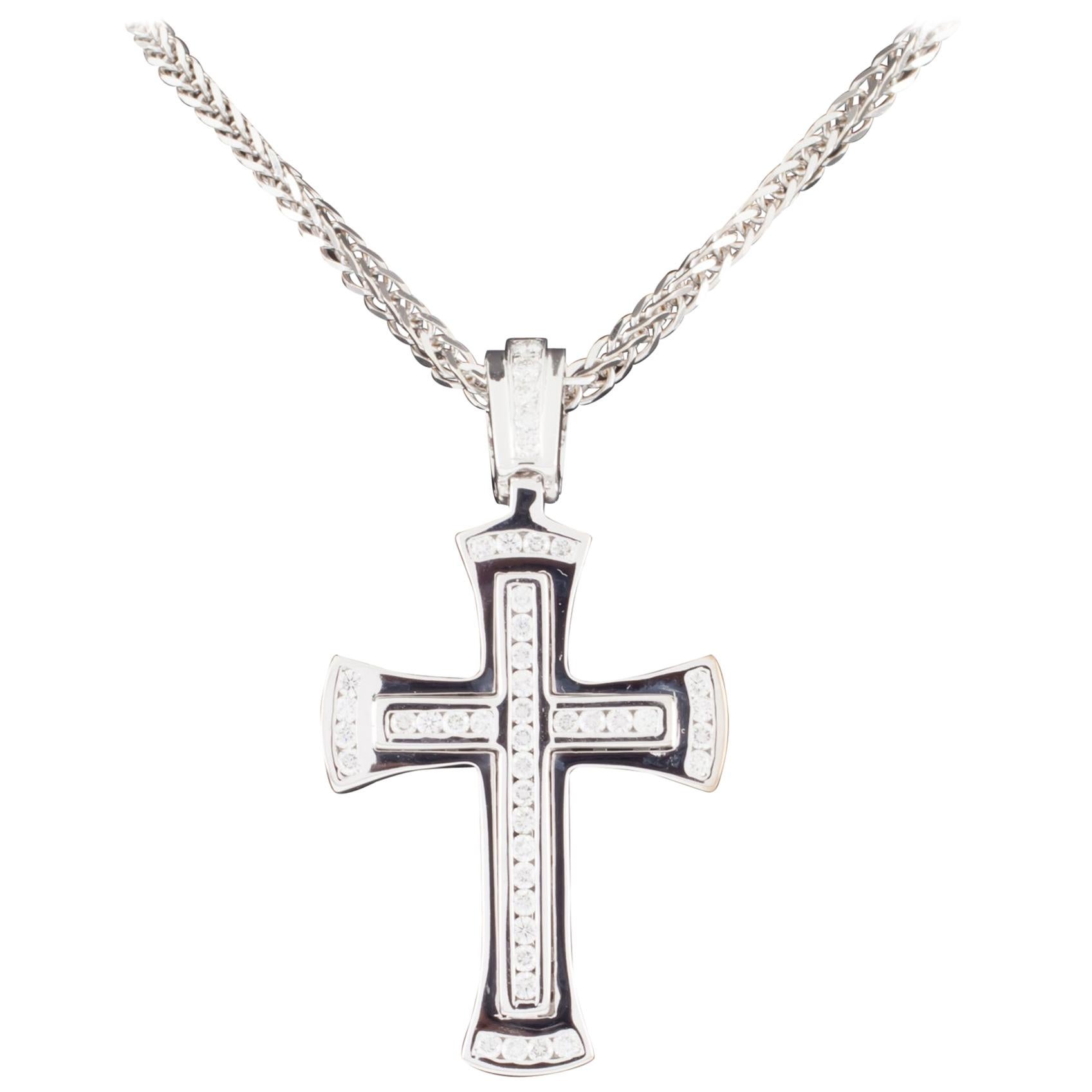 1.30 Carat Diamond Cross Pendant with Wheat Chain in White Gold For Sale