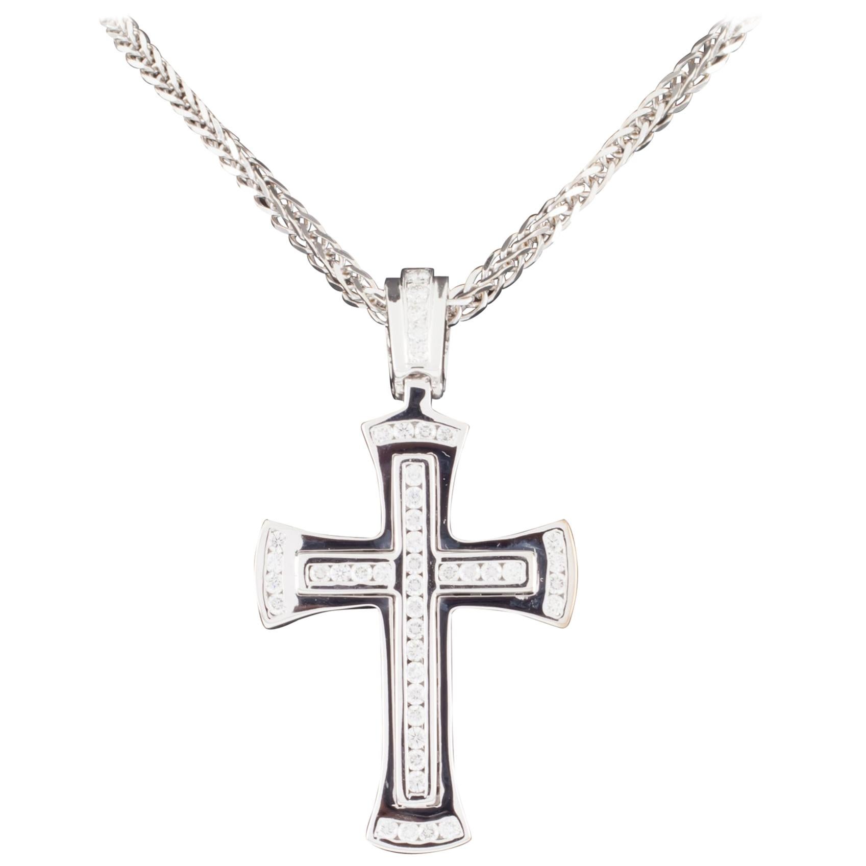 1.30 Karat Diamant-Kreuz-Anhänger mit Weizenkette aus Weißgold im Angebot