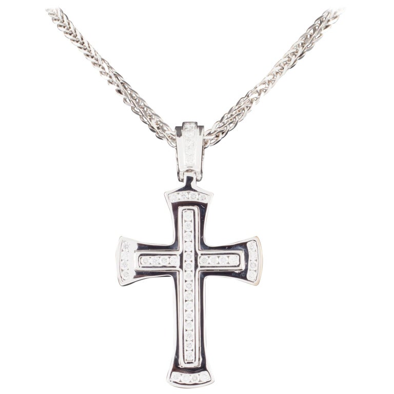 1.30 Carat Diamond Cross Pendant with Wheat Chain in White Gold For
