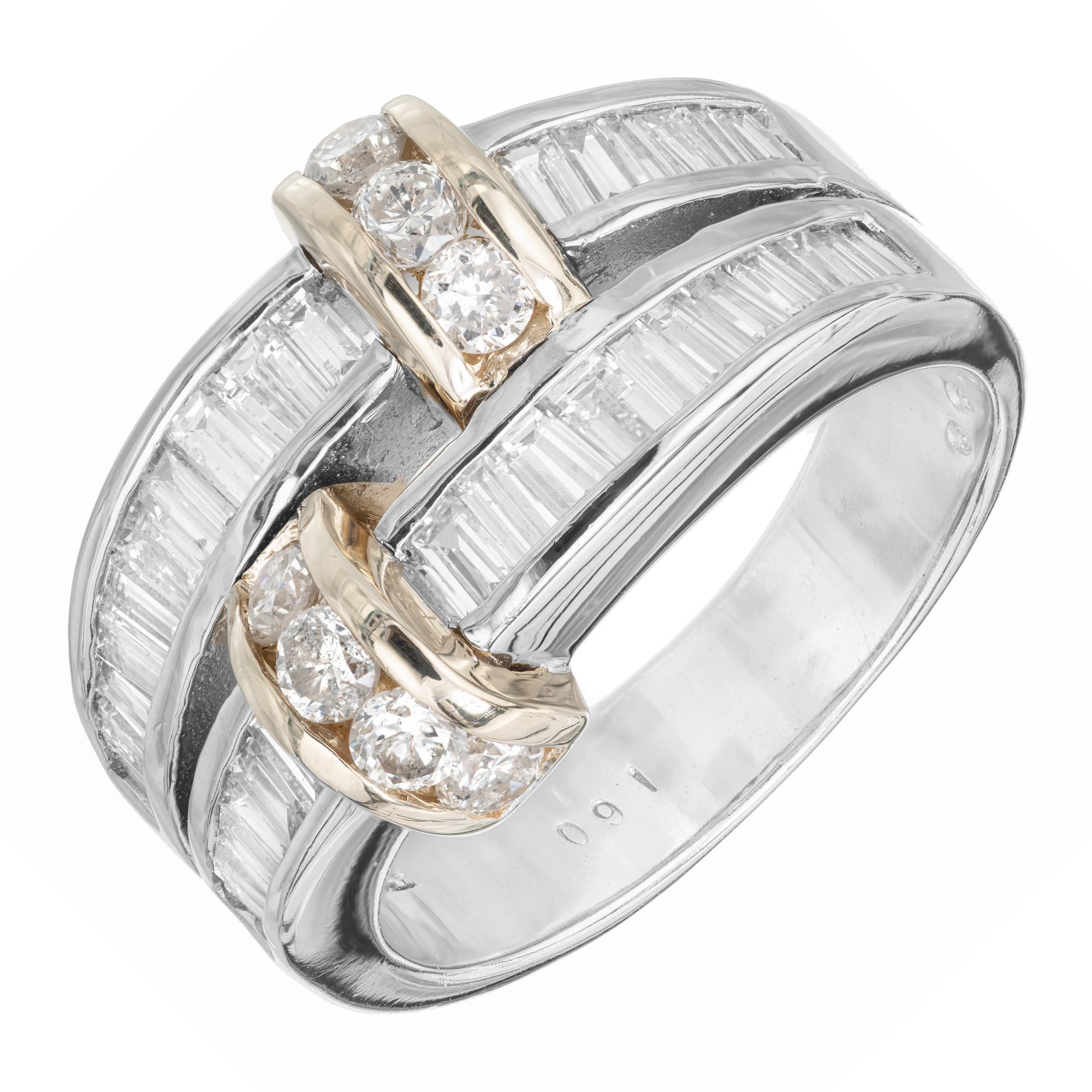 Double row off set two tone white and yellow gold diamond band ring. 33 baguette diamonds set in white gold with 8 round accent diamonds in yellow gold. 

33 baguette diamonds, I-J SI approx. .90cts
8 round brilliant cut diamond, K-L SI approx.