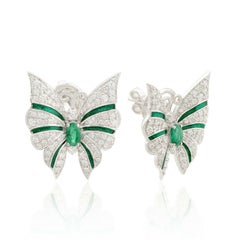 1.30 Carat Diamond Emerald 14 Karat White Gold Art Deco Style Butterfly Earrings
