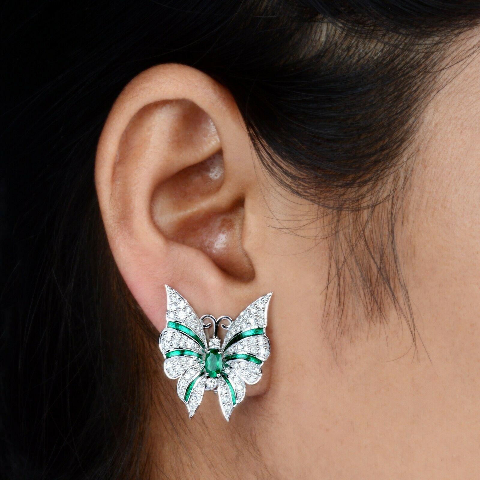 Mixed Cut 1.30 Carat Diamond Emerald 14 Karat White Gold Art Deco Style Butterfly Earrings For Sale