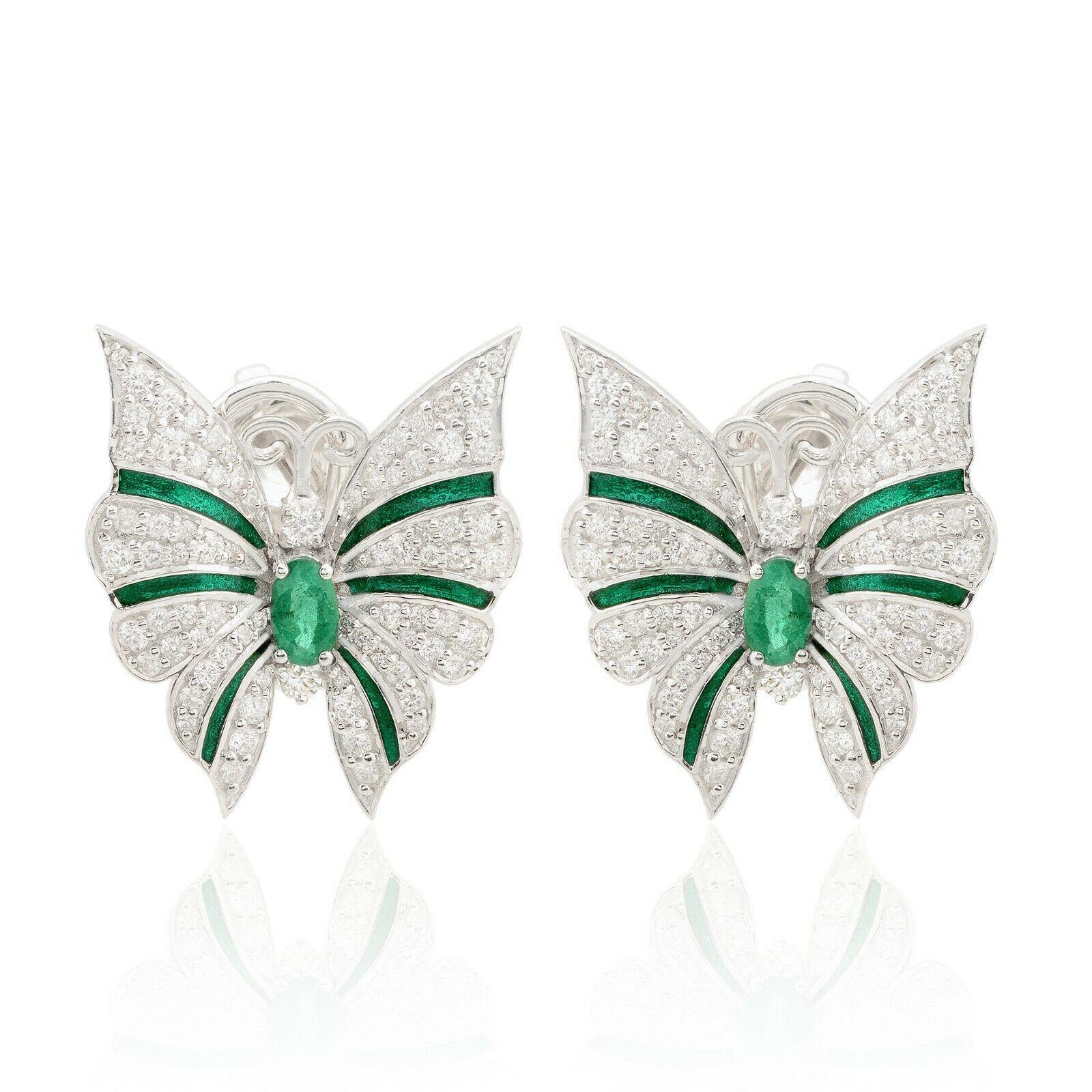 1.30 Carat Diamond Emerald 14 Karat White Gold Art Deco Style Butterfly Earrings In New Condition For Sale In Hoffman Estate, IL