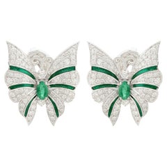 1.30 Carat Diamond Emerald 14 Karat White Gold Art Deco Style Butterfly Earrings
