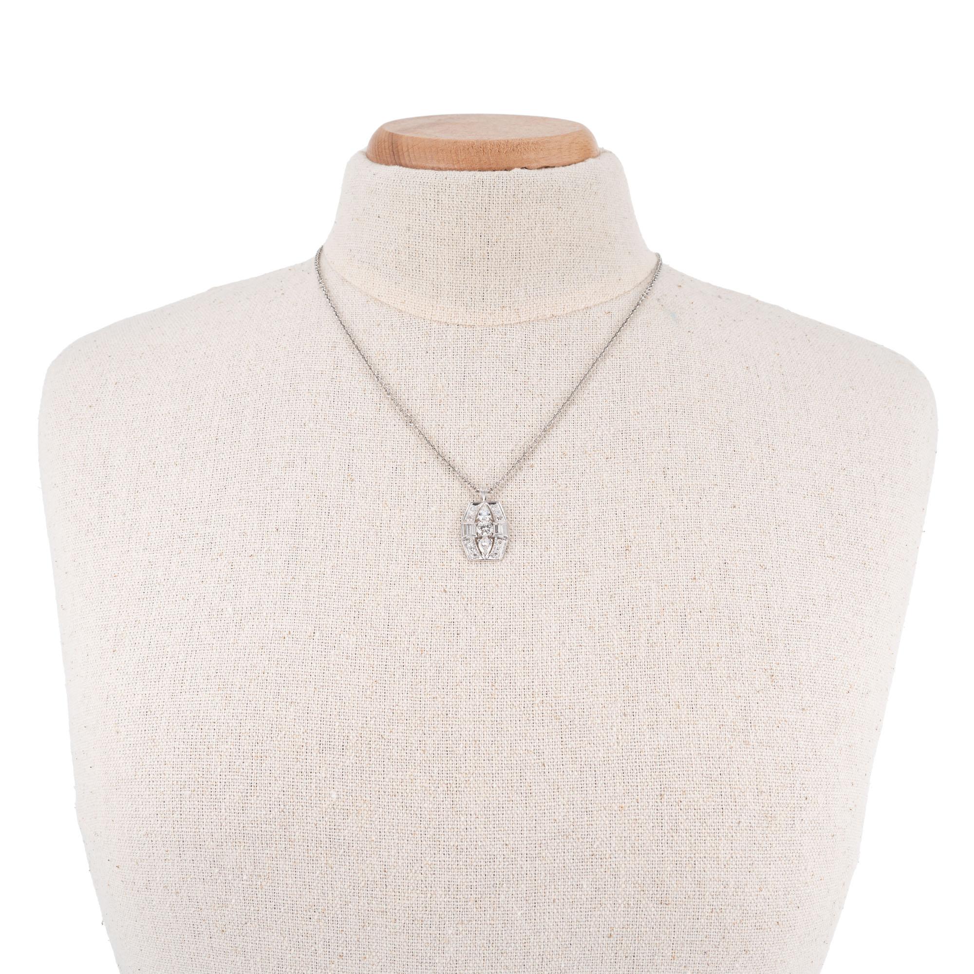 Round Cut 1.30 Carat Diamond Platinum Retro Style Pendant Necklace For Sale