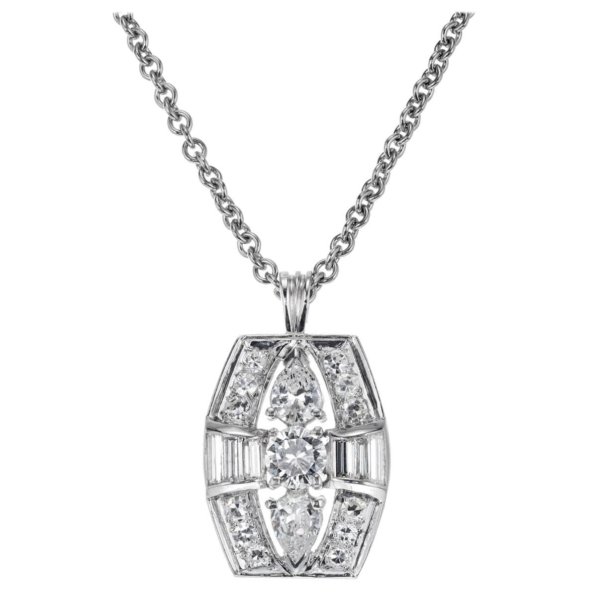 1.30 Carat Diamond Platinum Retro Style Pendant Necklace For Sale
