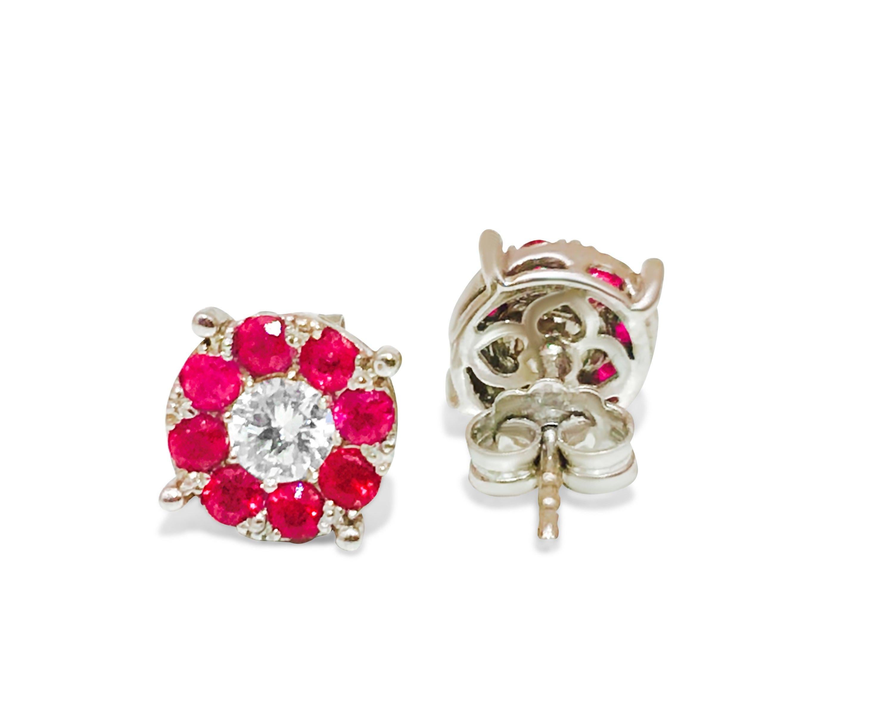 1.30 Carat Diamond & Ruby Studs in 14K White Gold In Excellent Condition For Sale In Miami, FL