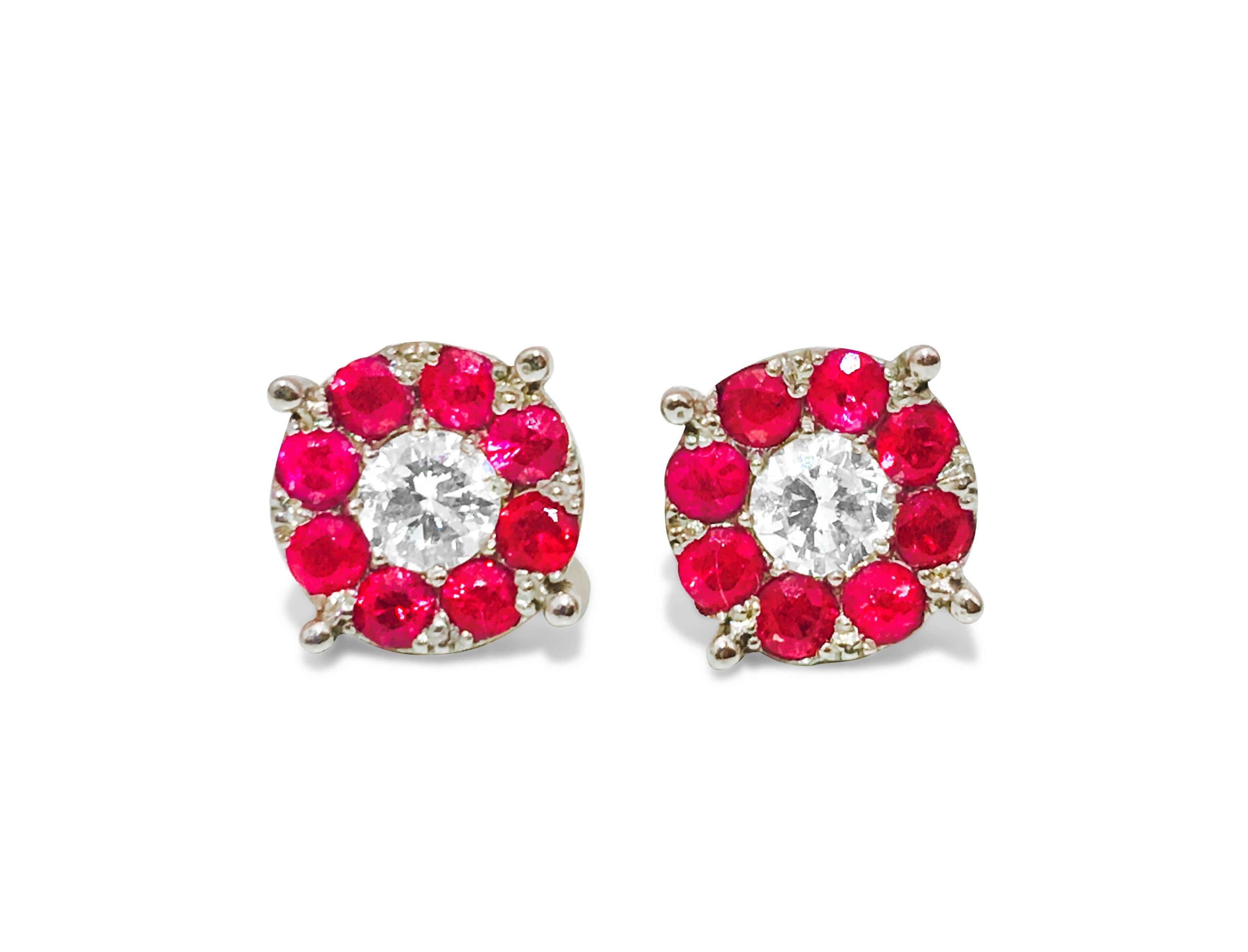 1.30 Carat Diamond & Ruby Studs in 14K White Gold For Sale 1