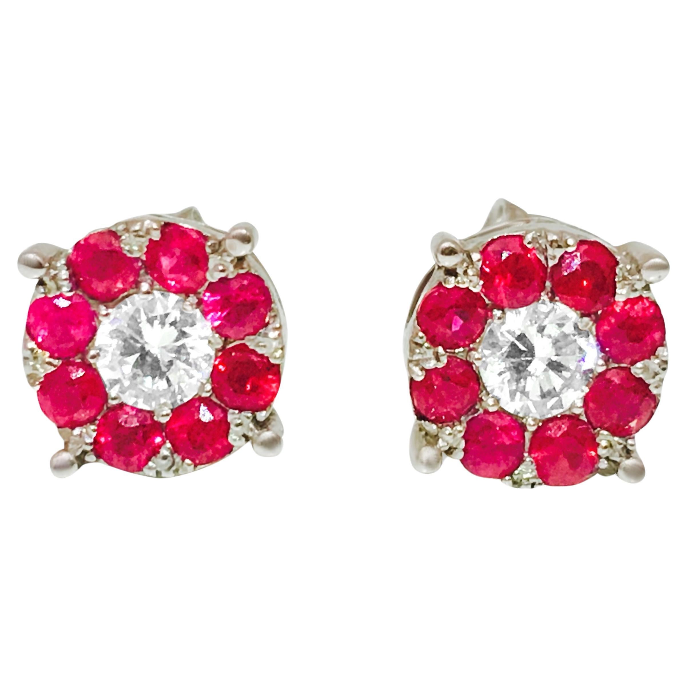 1.30 Carat Diamond & Ruby Studs in 14K White Gold