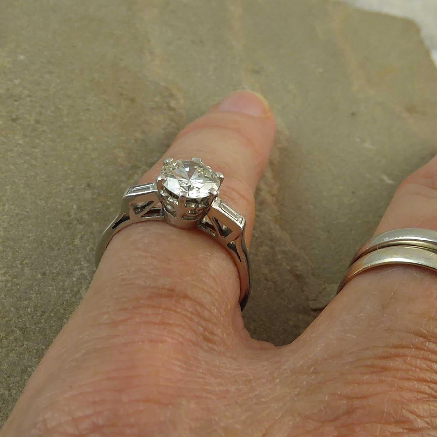 1.30 Carat Diamond Solitaire Engagement Ring, Baguette Diamond Shoulders 1