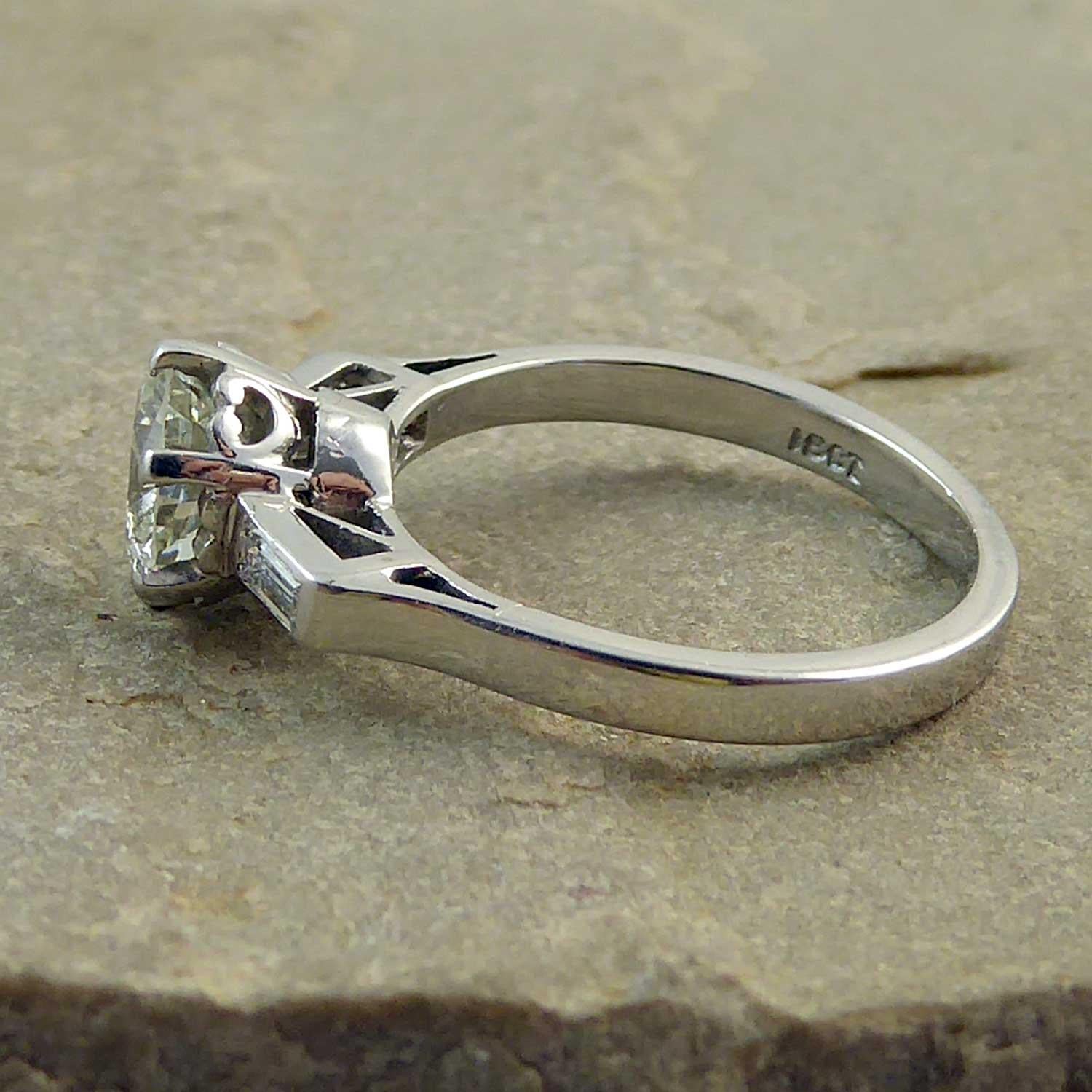 1.30 Carat Diamond Solitaire Engagement Ring, Baguette Diamond Shoulders 5