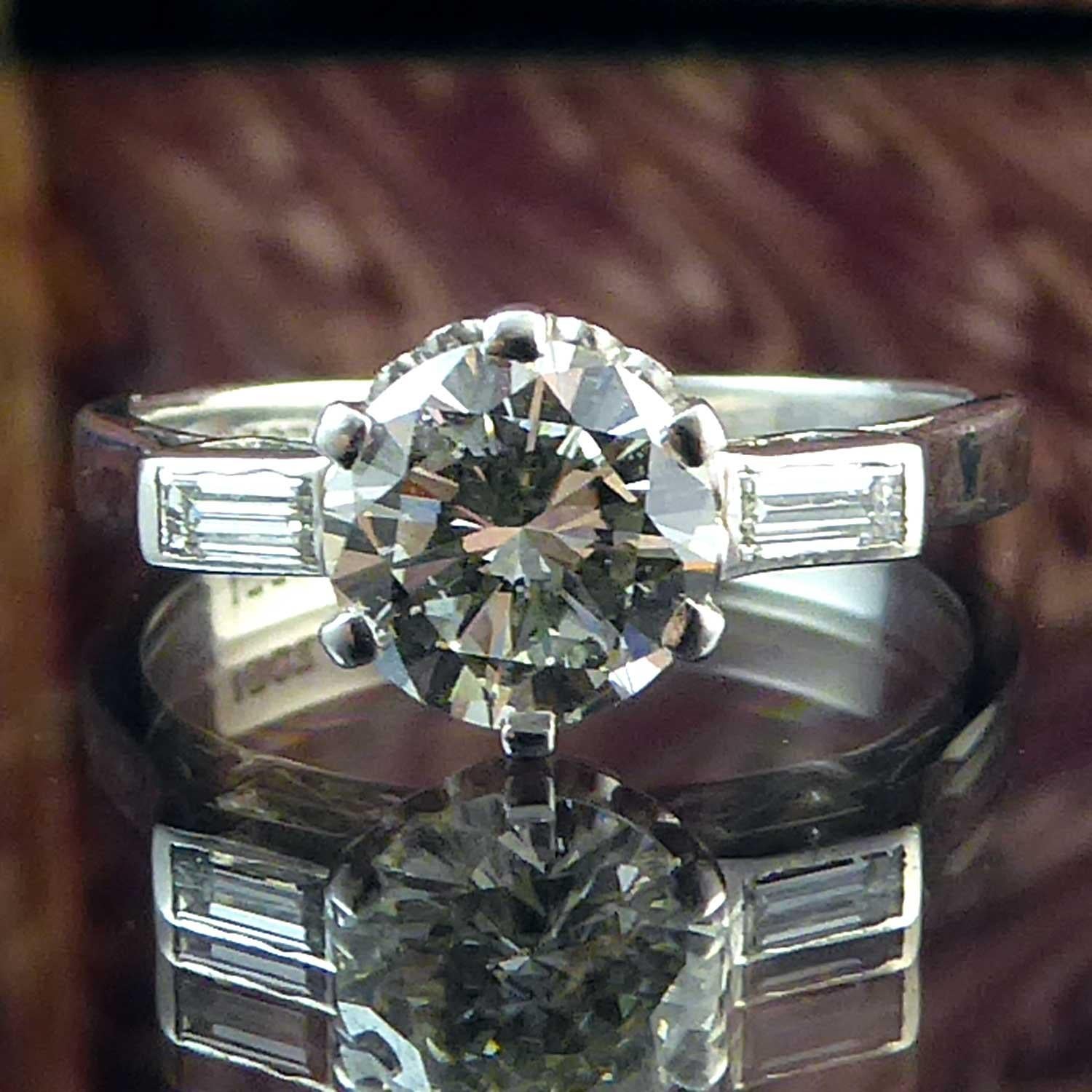 Round Cut 1.30 Carat Diamond Solitaire Engagement Ring, Baguette Diamond Shoulders
