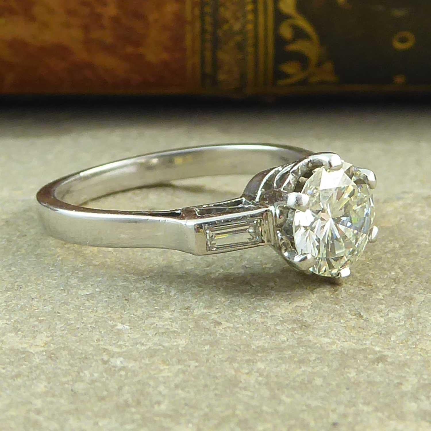 Women's 1.30 Carat Diamond Solitaire Engagement Ring, Baguette Diamond Shoulders