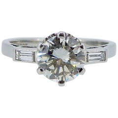 1.30 Carat Diamond Solitaire Engagement Ring, Baguette Diamond Shoulders